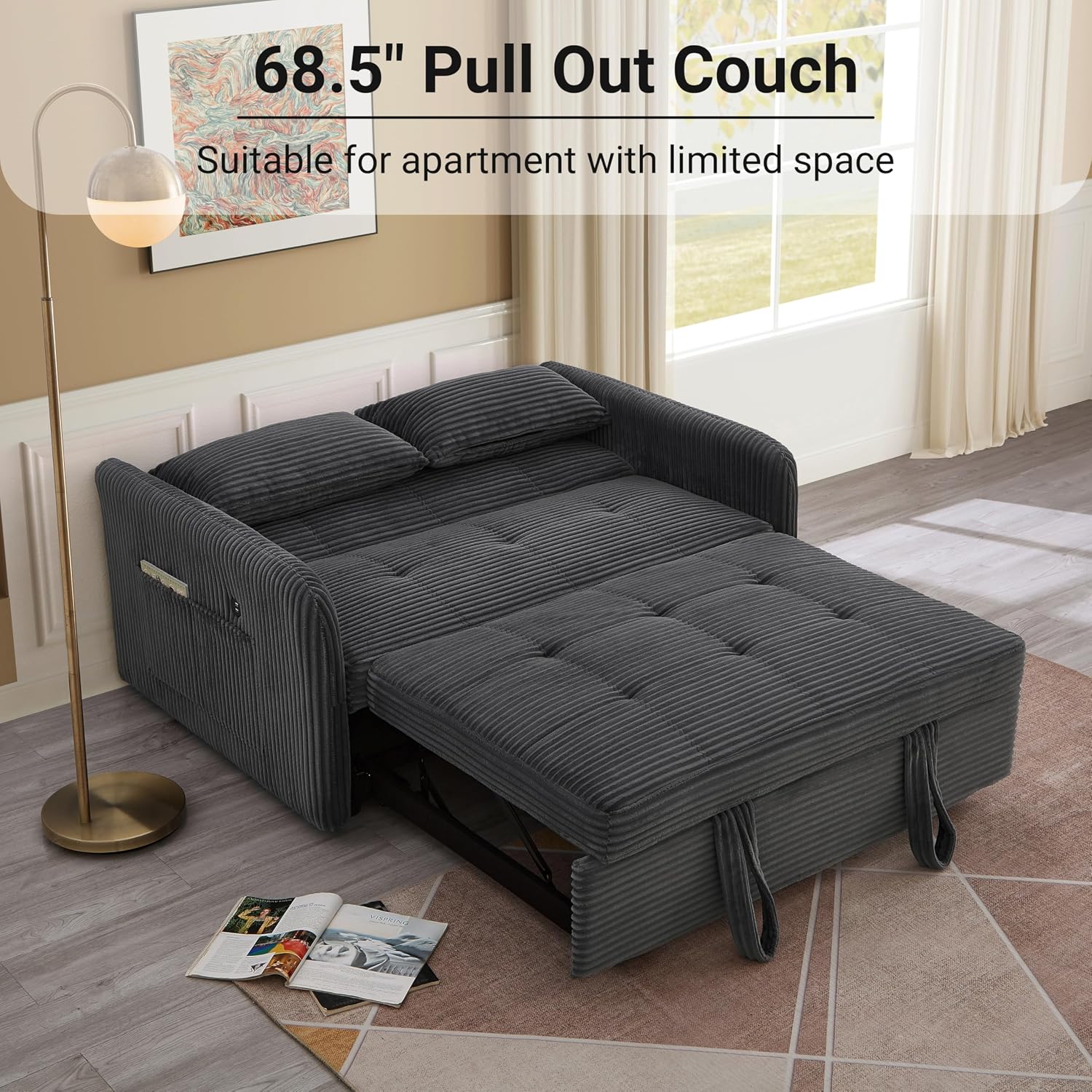 55.5' Corduroy Convertible Sofa Bed, Pull Out Sleeper Sofa Bed, Loveseat Couch with USB Charging Ports, 3 in 1 Convertible Sleeper Sofa Bed for Living Room, Apartment, Bedroom, RV, Grey