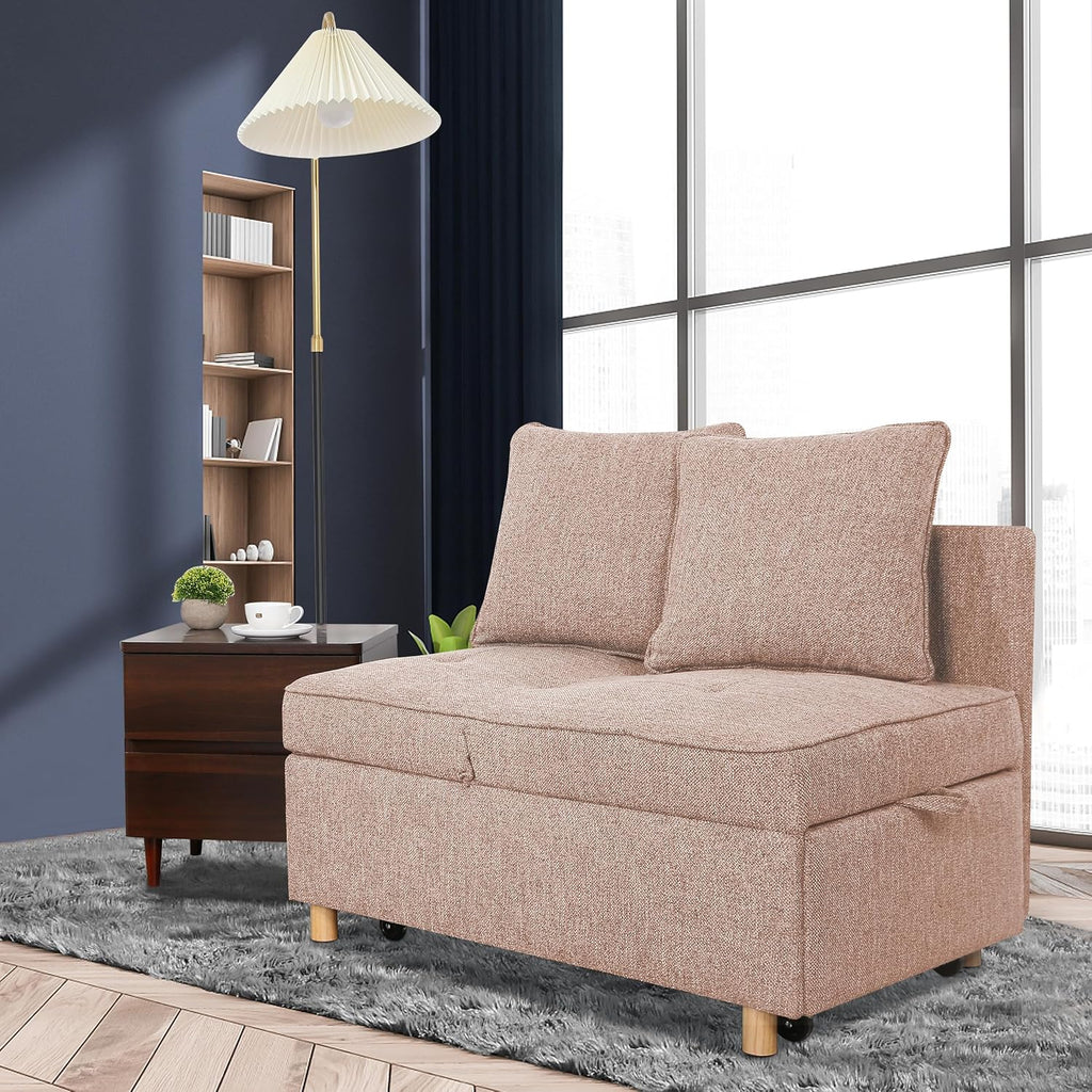 SEJOV 71' Convertible Couch Bed, Brown Wood Loveseat Sofa, Adjustable Couch Sleeper with Pull Out Bed, Modern Linen Fabric Space-Saving Sofas for Living Room, Apartment and Office,Light Brown