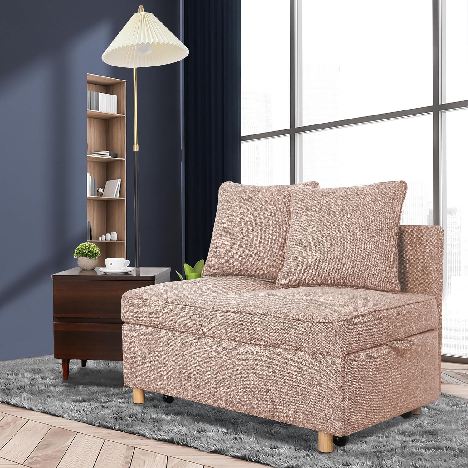 SEJOV 71' Convertible Couch Bed, Brown Wood Loveseat Sofa, Adjustable Couch Sleeper with Pull Out Bed, Modern Linen Fabric Space-Saving Sofas for Living Room, Apartment and Office,Light Brown