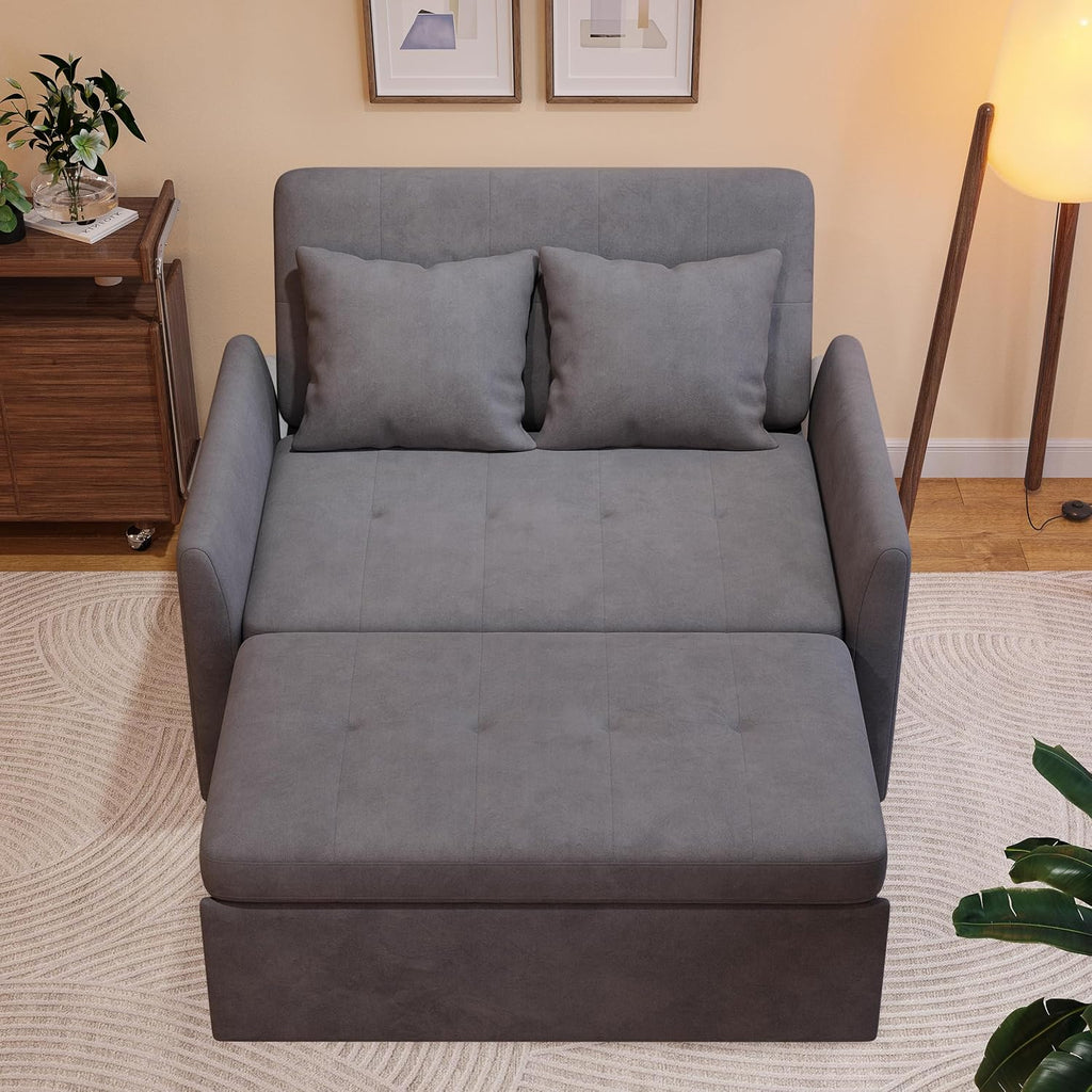 Sleeper Sofa Bed, 3 in 1 Convertible Sleeper Couch Bed Pull Out, Small Loveseat Sofa, Futon Sofa Bed, 46' Velvet Love Seat with Pillow and Phone Holder for Living Room, Grey