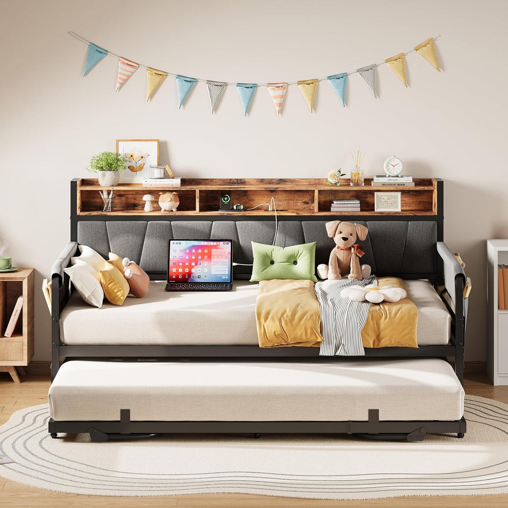 LIKIMIO Daybed with Trundle Bed, Twin Bed Frame with Upholstered Storage Headboard and Charging Station, Sofa Day Bed with Strong Supports for Living Room, Bedroom, and Guest Room, Black