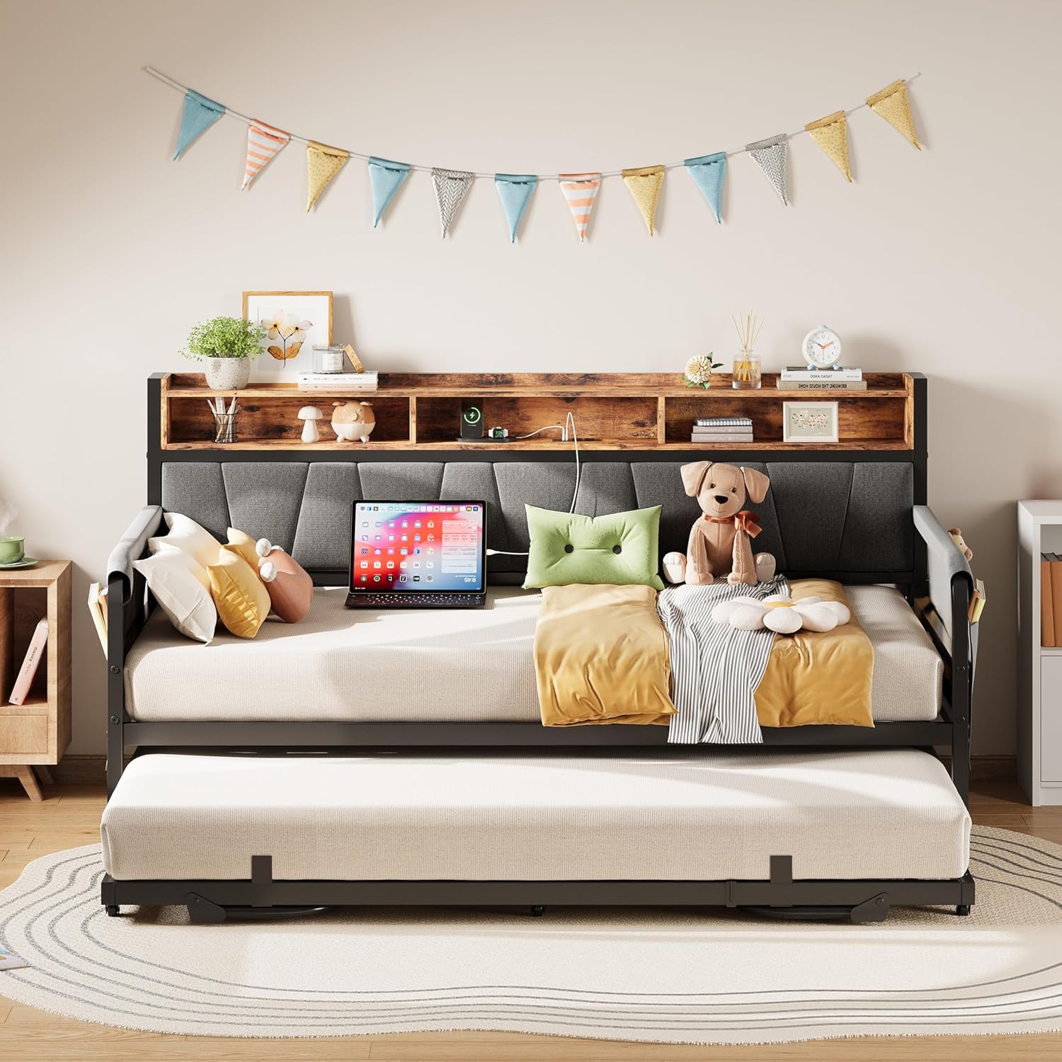 LIKIMIO Daybed with Trundle Bed, Twin Bed Frame with Upholstered Storage Headboard and Charging Station, Sofa Day Bed with Strong Supports for Living Room, Bedroom, and Guest Room, Black