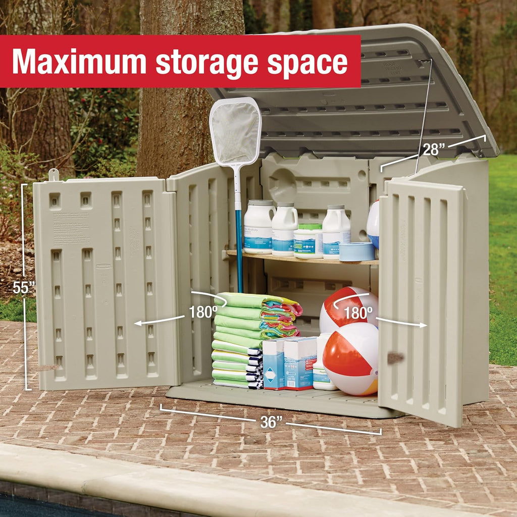 Rubbermaid Large Horizontal Resin Outdoor Storage Shed With Floor (5 x 4 Ft) Weather Resistant, Beige/Brown, Organization for Home/Backyard/Pool Chemicals/Toys/Garden Tools/Porch/Patio Cushions