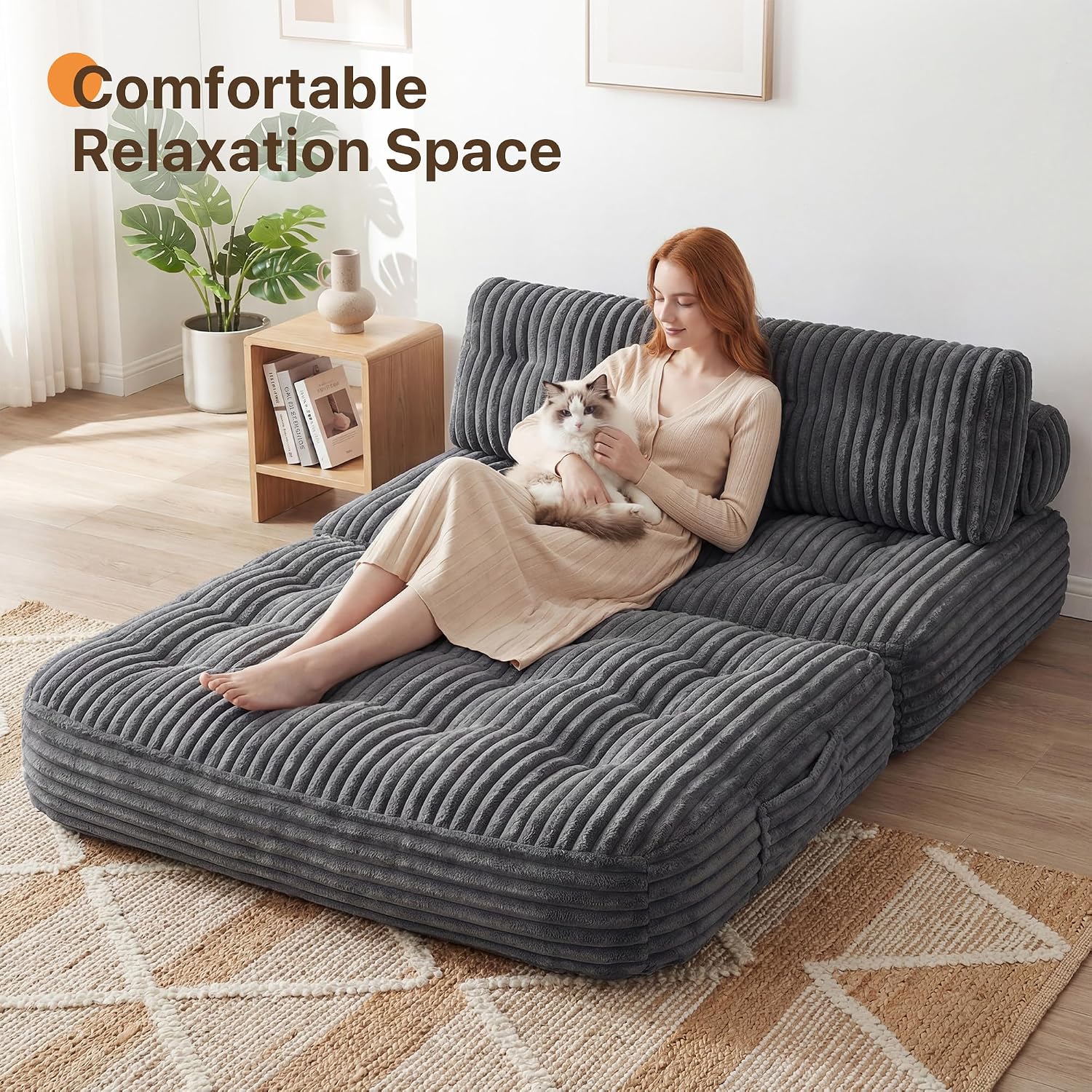Claiks Folding Sofa Bed, Boneless Chair with Pillow Sleeper Sofa with Back Support, Sleeper Chair Portable Fold Out Chair Bed Comfy Foldable Mattress for Living Room, Dark Grey, Double