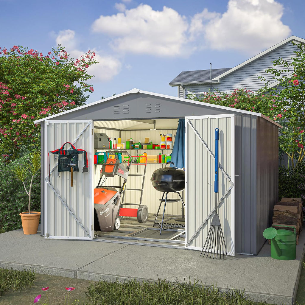 10x8 FT Outdoor Storage Shed with Lockable Double Doors, Aluminum Frame, Weatherproof with Frame Floor, Metal Tool Shed for Garden, Backyard, Patio, and Equipment Storage
