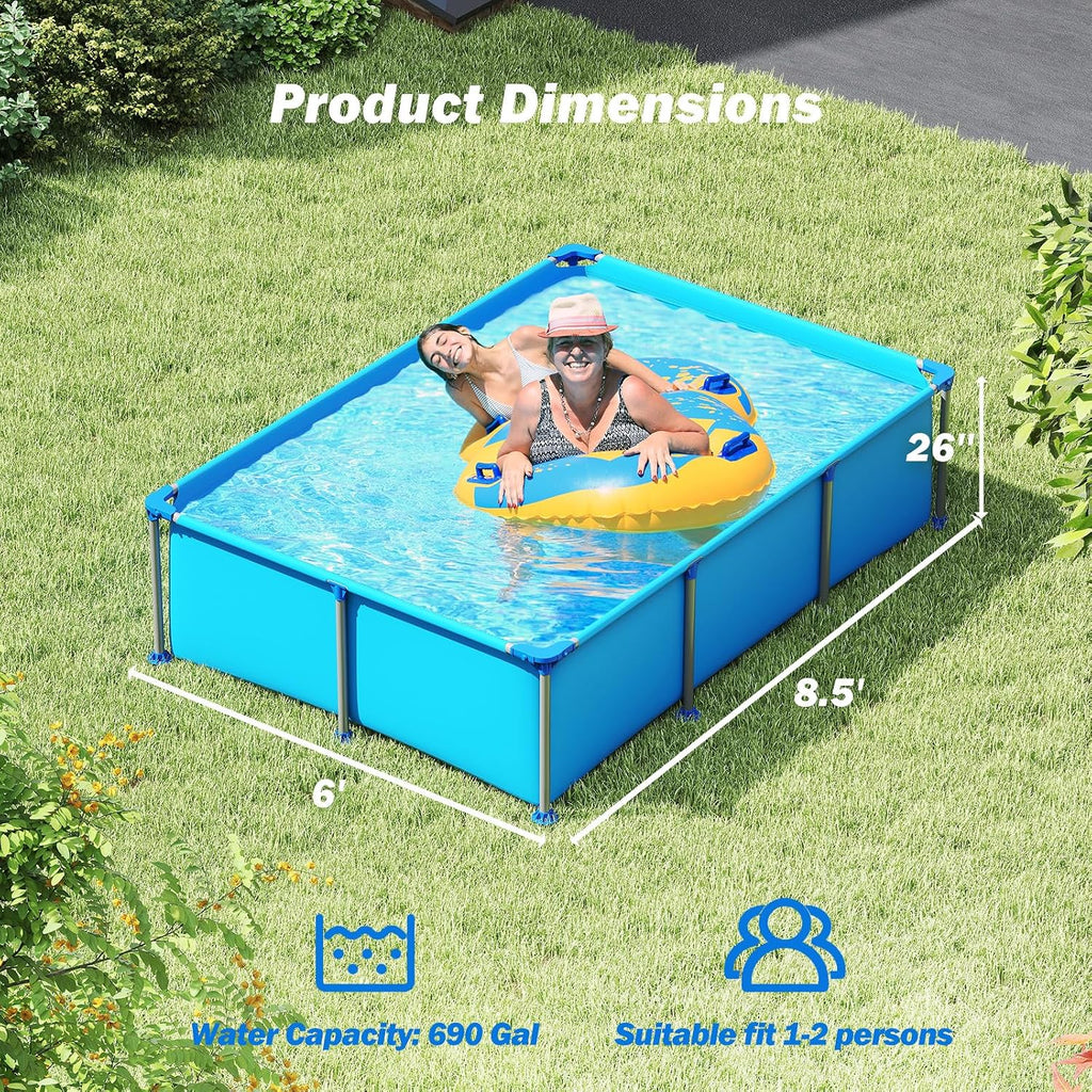 Goplus Above Ground Swimming Pool, 8.5'x6'x26'' Metal Frame Pool Set w/PVC Fabric, 3 Stoppers, Drainage Valve Connector, for Outdoor, Backyard, Garden, Patio (8.5' x 6' Rectangle, 690 Gal, Blue)