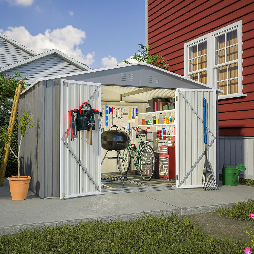 10x8 FT Outdoor Storage Shed with Lockable Double Doors, Aluminum Frame, Weatherproof with Frame Floor, Metal Tool Shed for Garden, Backyard, Patio, and Equipment Storage