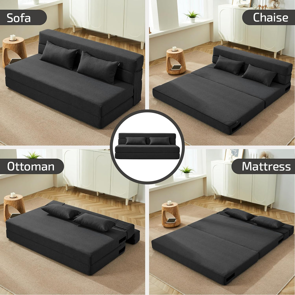 SUYOLS Convertible Folding Sofa Bed - Chair Bed Sleeper with Pillow, Modern Linen Fabric Fold Out & Futon Couch, Foldable Mattress for Living Room/Dorm/Guest Use/Home Office, Queen Size, Dark Gray