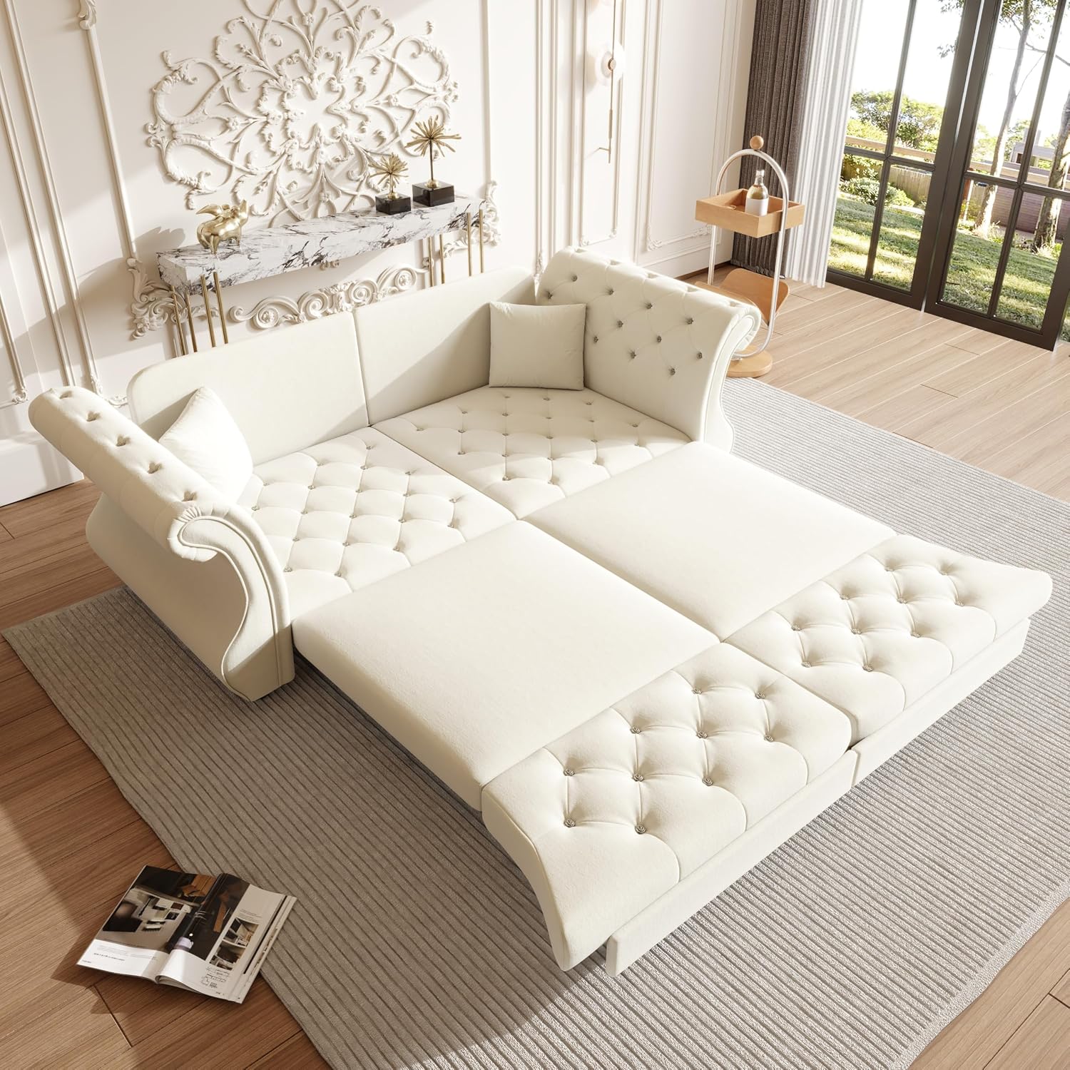 83.8' Oversized Pull Out Sofa Bed, Chesterfield Velvet Sleeper Sofa Couch with Roll Arm & Flower Tufting, Heavy Duty Metal Frame Convertible Sofa for Living Room, Apartment, Guest Room, Beige | Pull Out, Roll Arm, Flower Tufting, Convertible