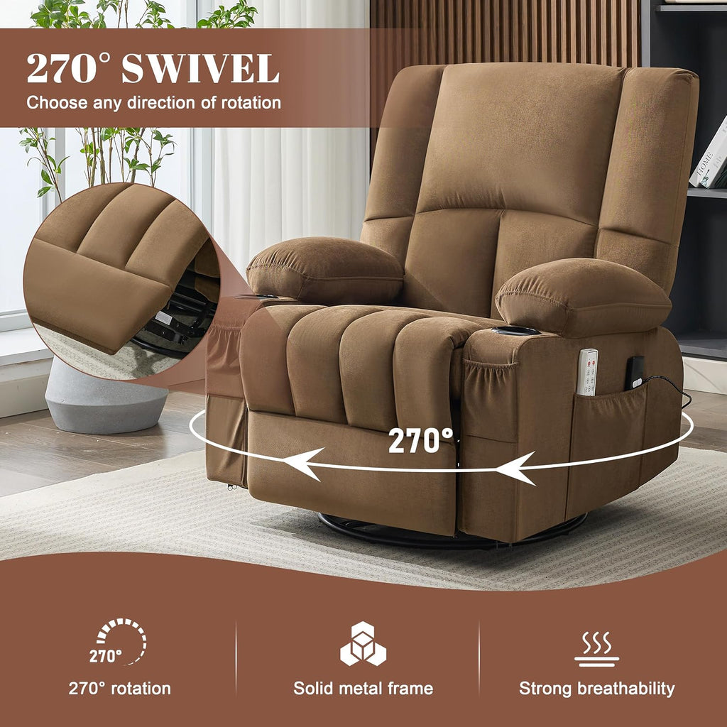 Rocker Recliner Chair with Heat and Massage, 360° Swivel Recliner Chairs for Adults, Oversized Recliner Single Sofa Seat with Cup Holders, Lazy Boy Recliner Single Sofa (Electric, Brown)