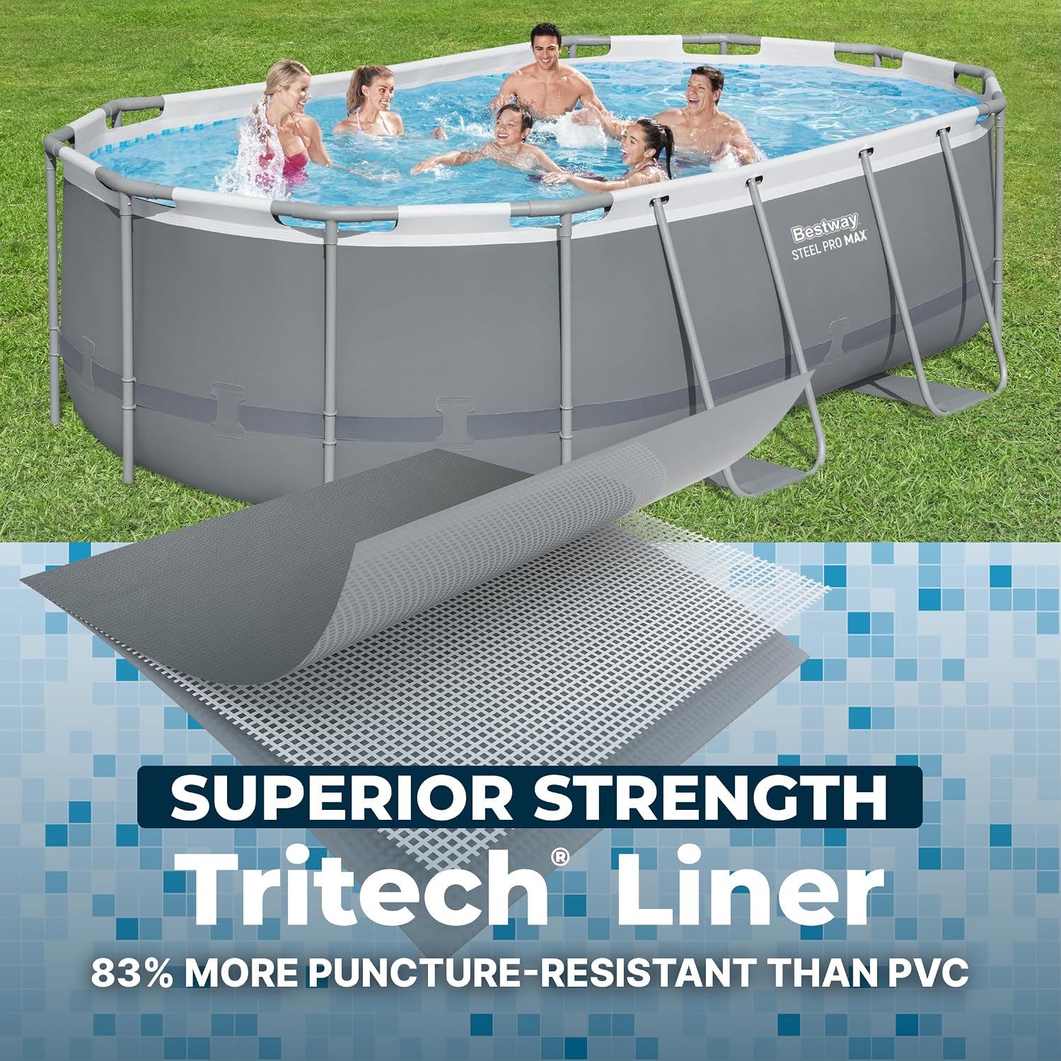 Bestway Steel Pro MAX 14' x 8'2' x 39.5' Oval Above Ground Swimming Pool Set, 530 GPH Filter Pump, Ladder, Tritech Puncture Resistant Liner, ClickConnect Steel Frame, Gray