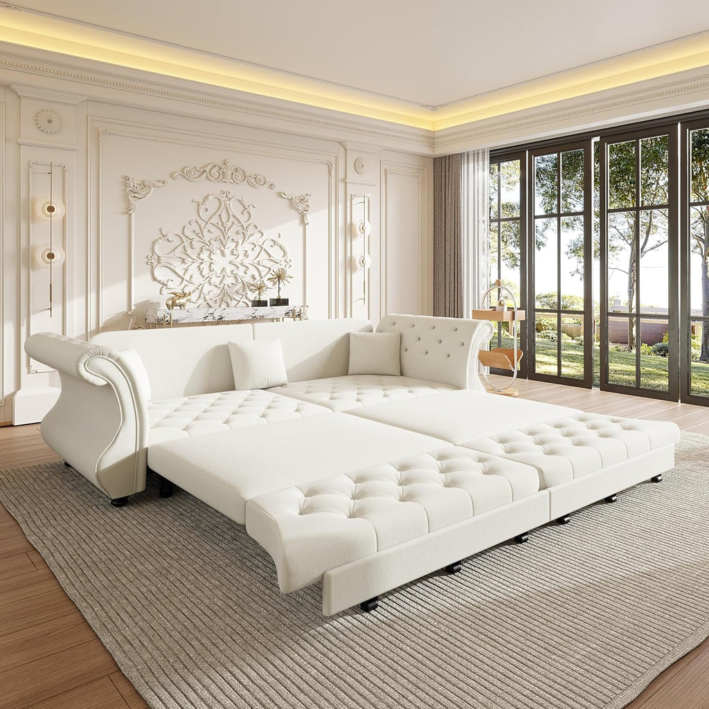 97.6' Oversized Pull Out Sofa Bed, Chesterfield Velvet Sleeper Sofa Couch with Roll Arm & Flower Tufting, Heavy Duty Metal Frame Convertible Sofa for Living Room, Apartment, Guest Room, Beige | Pull Out, Roll Arm, Flower Tufting, Convertible