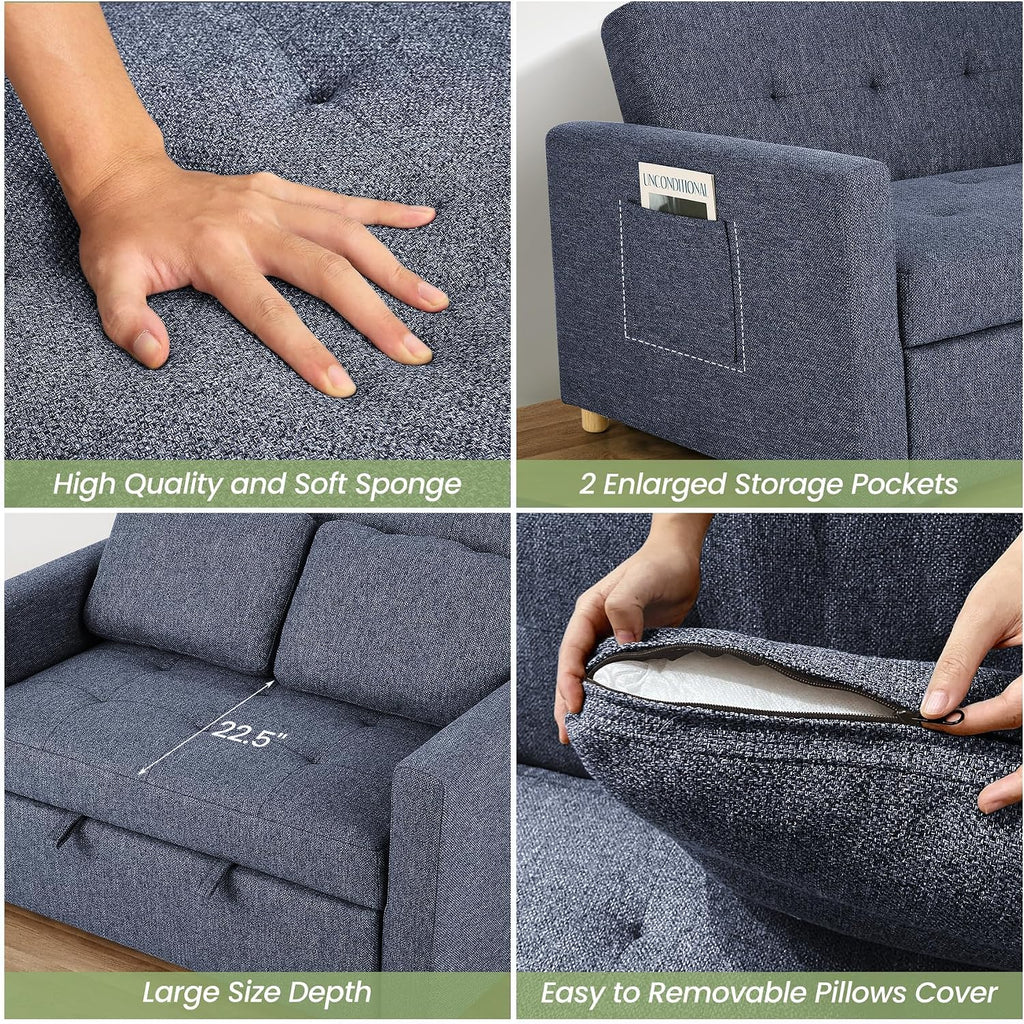 SEJOV Convertible Sofa Bed, 3-in-1 Sleeper Sofa Pull Out Couch Bed, 2-Seater Linen Fabric Loveseat Futon with Spring Support, Adjustable Backrest for Small Spaces, Living Room, Navy Blue
