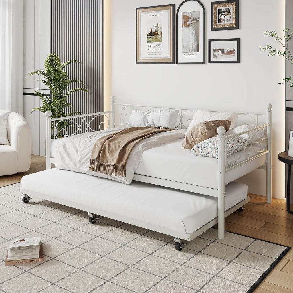 IDEALHOUSE Twin Daybed with Trundle, Metal Trundle Bed, Sofa Bed Frame, Heavy Duty Metal Slats, for Living Room, Bedroom, Guest Room, Space Saving, Modern White