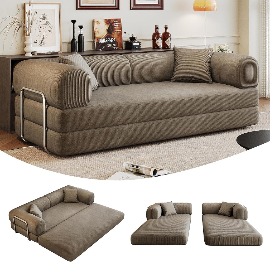 79' Convertible Sofa Bed, Corduroy Folding Pull Out Couch with Pillows, No Assembly Modern Boneless Couch Compression Sofa in Box, Floor Sofa with Support Rods for Living Room,Camel