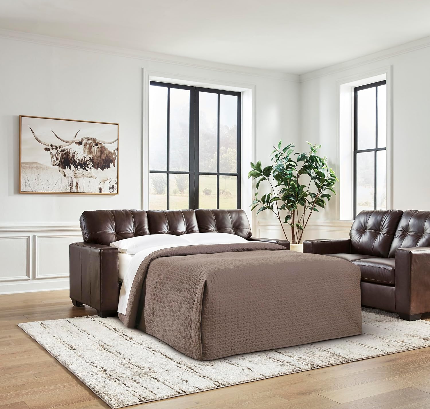 Signature Design by Ashley Santorine Classic Leather Match Tufted Sofa Sleeper with Bi-Fold Memory Foam Mattress, Queen, Dark Brown