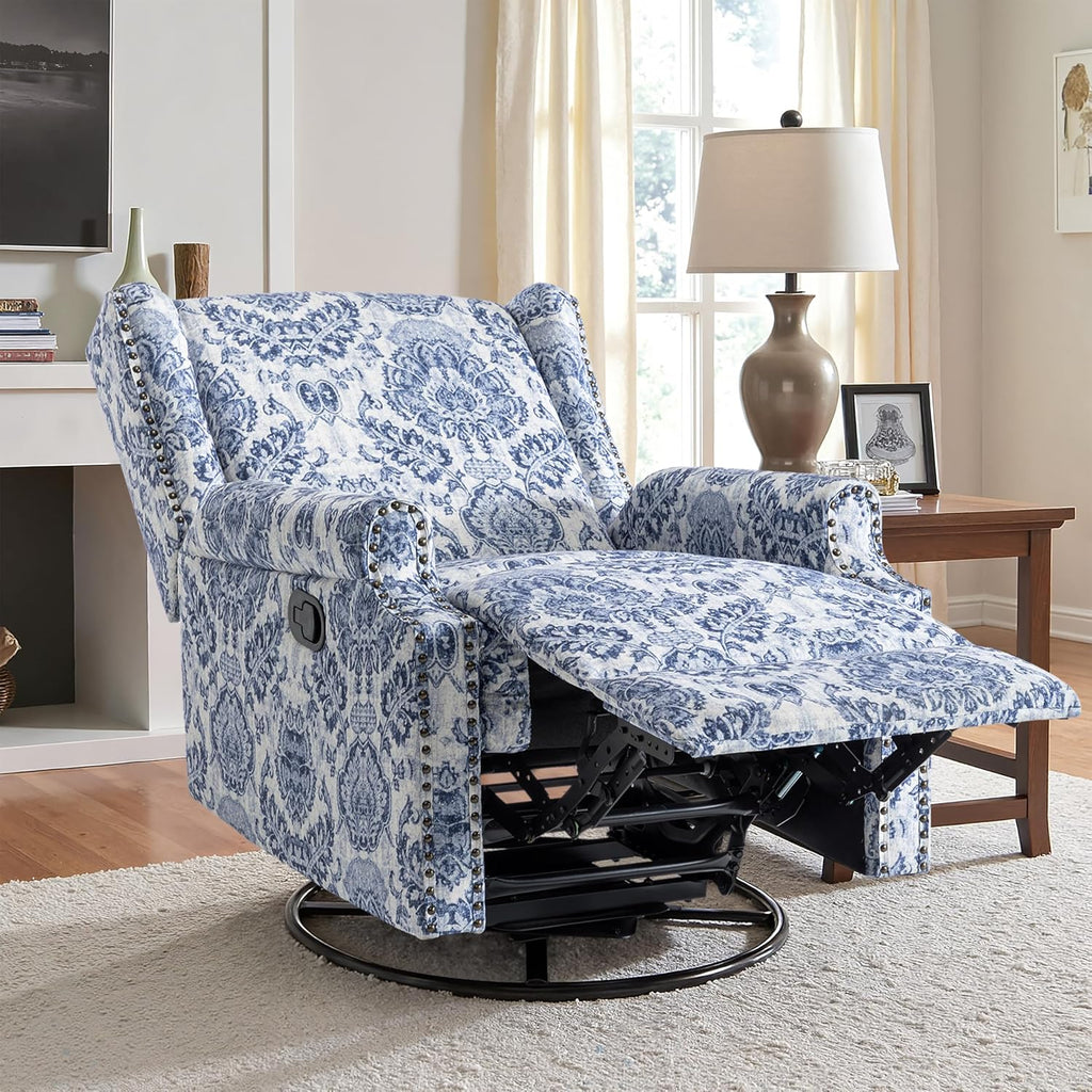 Lumibee Swivel Rocker Recliner Chairs, Printed Fabric Swivel Glider Rocking Chair with High Back, Upholstered Deep Seat Wingback Recliner Chair for Living Room Bedroom, Navy
