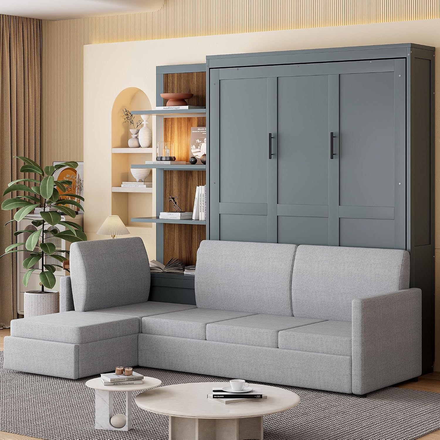 Merax Queen Murphy Bed with Sofa, Wood Folding Wall Bedframe with Soft Couch and Shelves, for Guest Room, Home Office or Small Bedroom, Grey