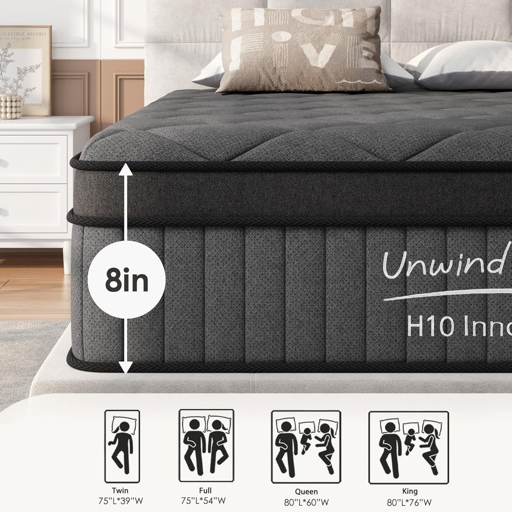 Mattress Twin Size 10 Inch, Mattress with Gel Memory Foam and Pocket Springs, Euro Top Medium Firm, Black