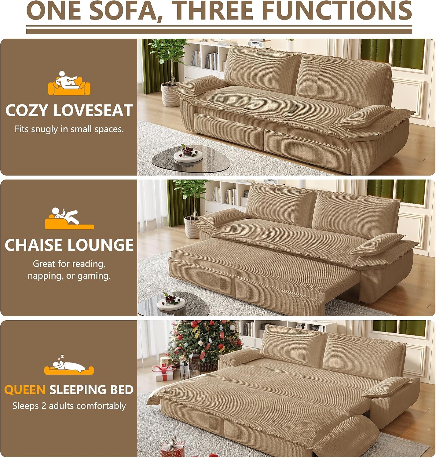 73.2' Sofa Bed Queen Size, Pull Out Couch Bed, 3-in-1 Convertible Sleeper Sofa with Cushion Armrest, Modern Corduroy Futon Couch for Living Room, Small Space, Apartment, Bedroom, Camel