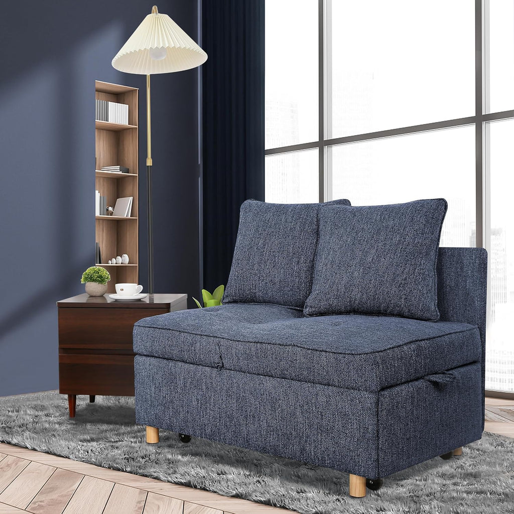 SEJOV Sofa Bed 4-in-1 Convertible Sofas & Couches, 3-Seat Linen Fabric loveseat Sofa with 2 Throw Pillow, Single Recliner for Small Space with 5 Adjustable Backrest, Blue
