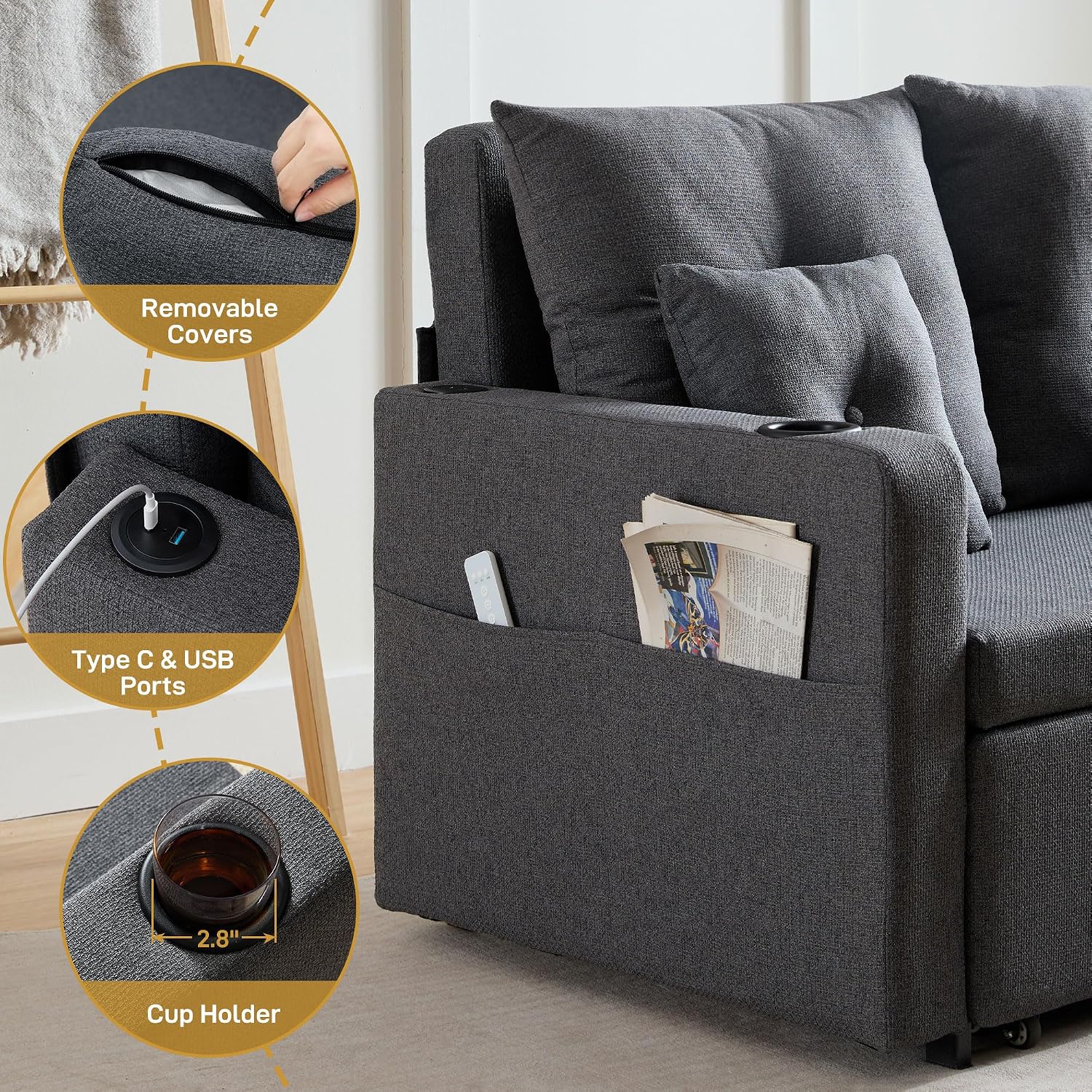 Busaurus 3 in 1 Convertible Sofa Bed, 56' Full Size Loveseat Sleeper Sofa Couch Bed, Sleeper Sofa Bed with Storage Pocket, USB, Comfy Pull Out Sofa Bed for Living Room, Bedroom, Small Space, Dark Grey