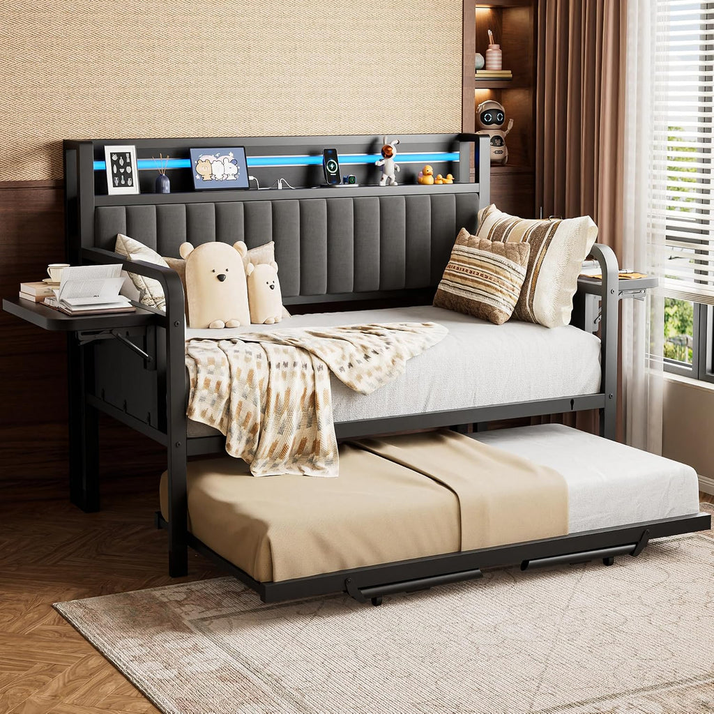 Daybed with Trundle and LED Light, Heavy Duty Metal Twin Bed Frame with Upholstered Storage Headboard & Charging Station, Day Bed Pop Up Trundle Bed Twin for Living Room,Bedroom and Guest Room (Black)