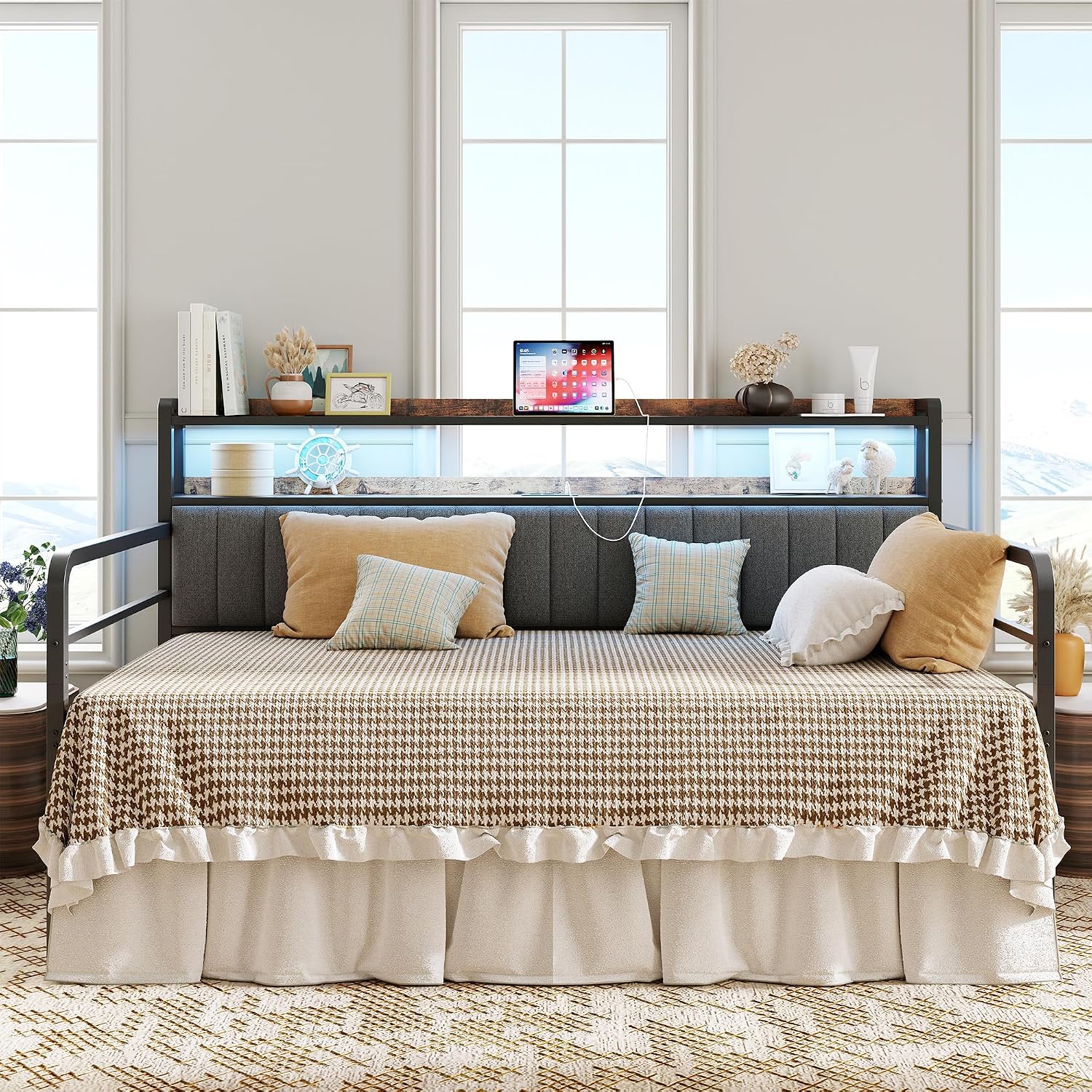 ANCTOR Daybed with Trundle, LED Lights and Charging Station, Twin Size Daybed with 2-Tier Storage Shelves and Upholstered Headboard, Metal Sofa Bed Frame for Living Room, Bedroom, Black