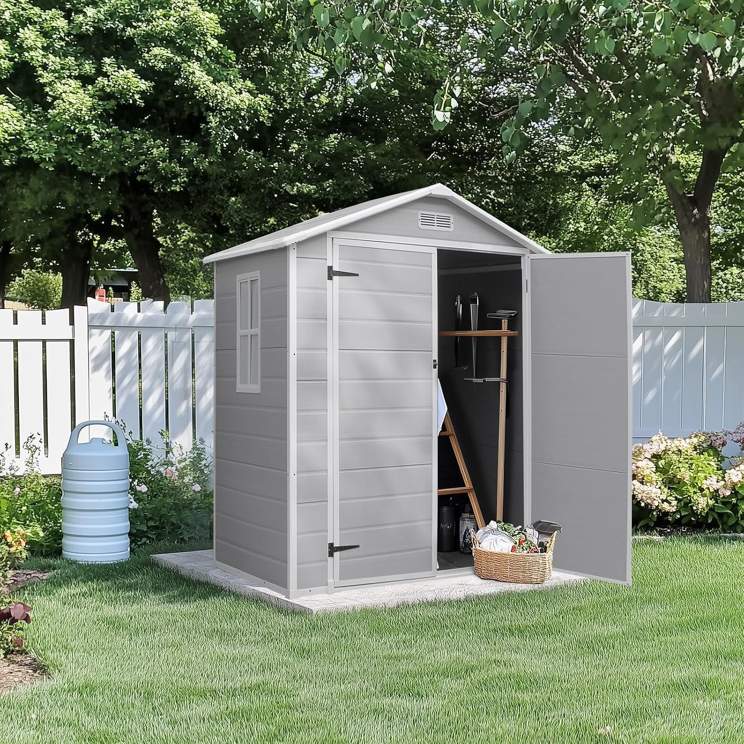 VINGLI 6x4.5 FT Outdoor Plastic Storage Shed, Patio Storage Bins with Weatherproof, Lockable Design with Large Capacity for Garden Tools, Light Grey