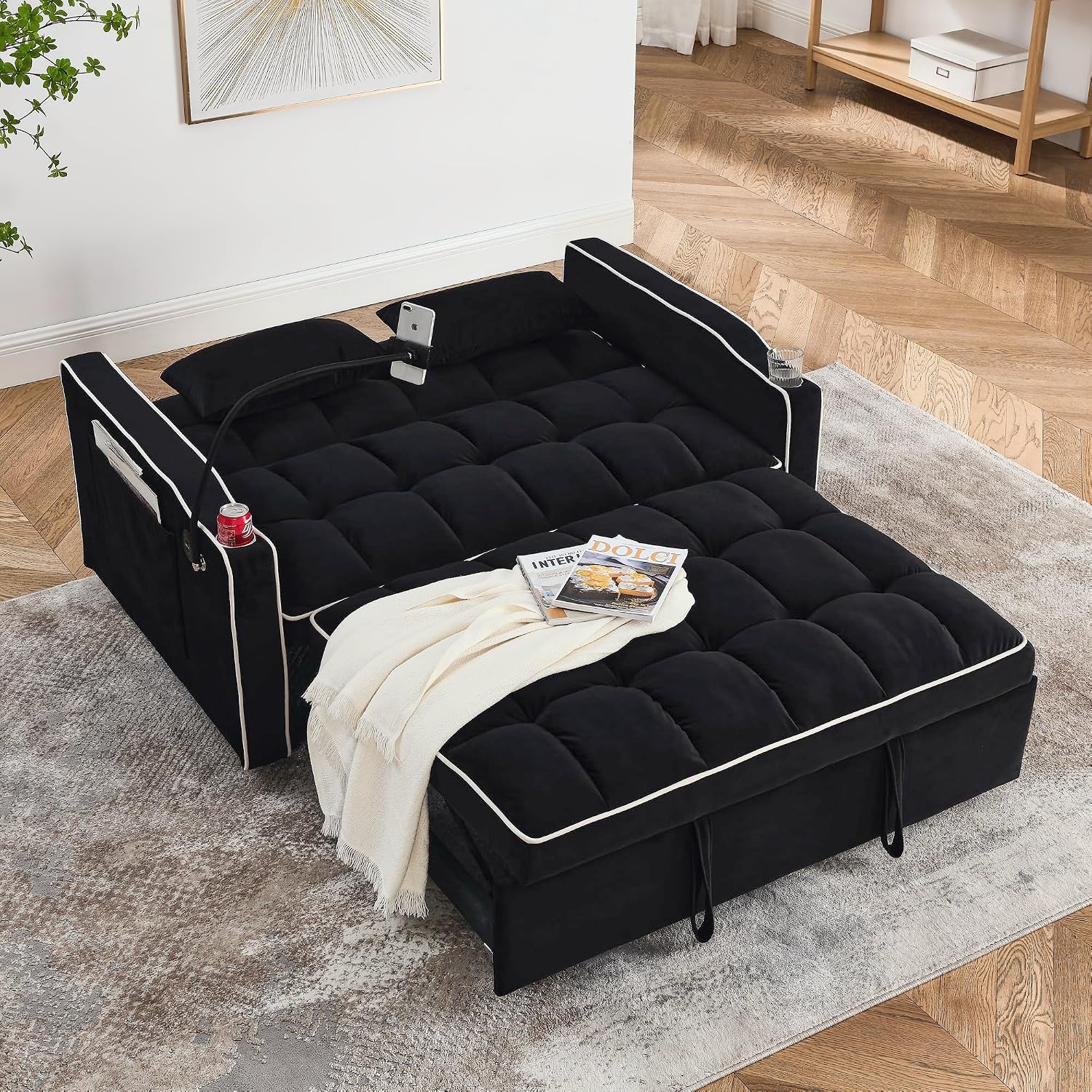 Merax Black Foldable Sofa Bed with 2 USB Charging Ports, Pull Out Velvet Loveseat Sleeper with Phone Holder, Modern Futon Couch with Cup Holders & Adjustable Backrest for Living Room