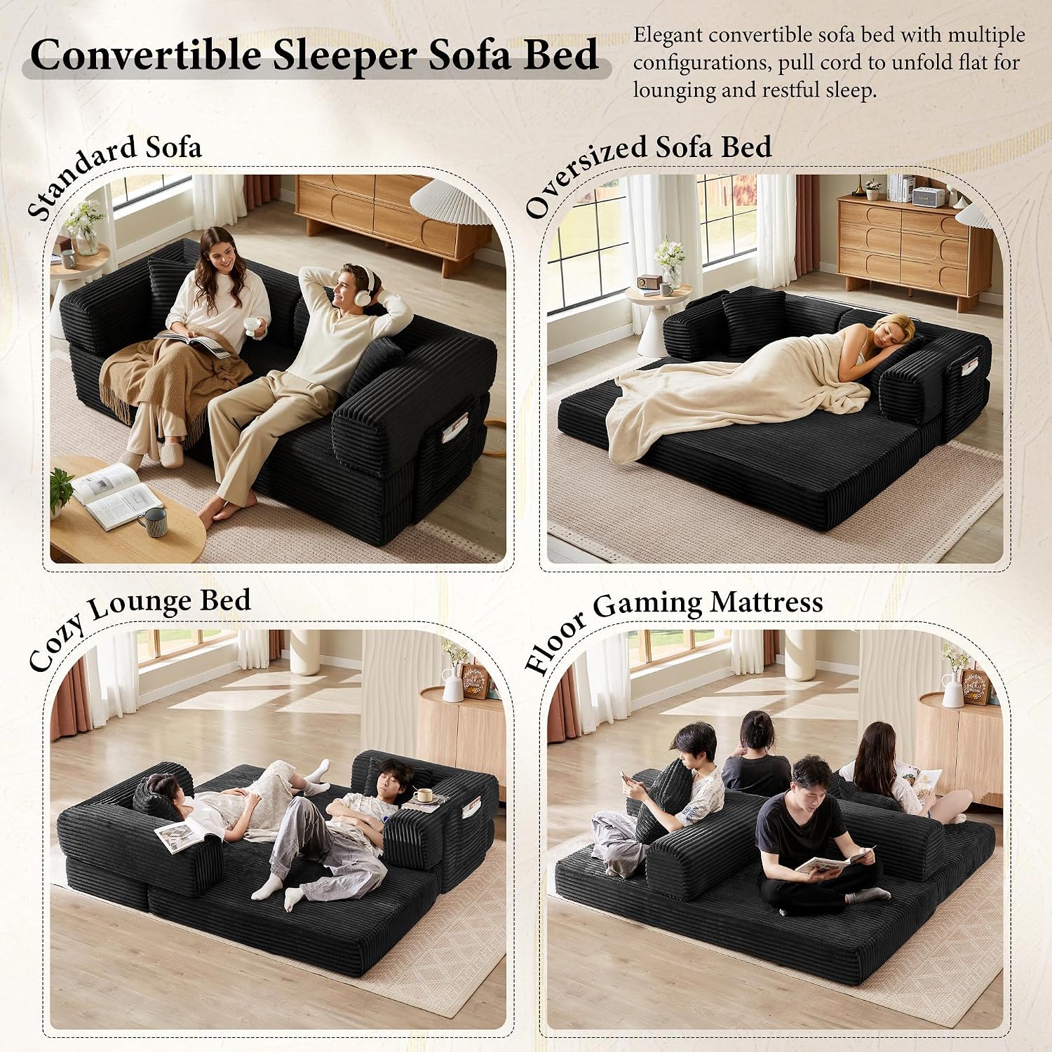 Boneless Couch Futon Sofa Bed Sectional Couches for Living Room,Cloud Couch with Sleeper Sofa,Sofas for Living Room Oversized Corduroy Upholstered (Black, 81 Inches (with Iron Frame))