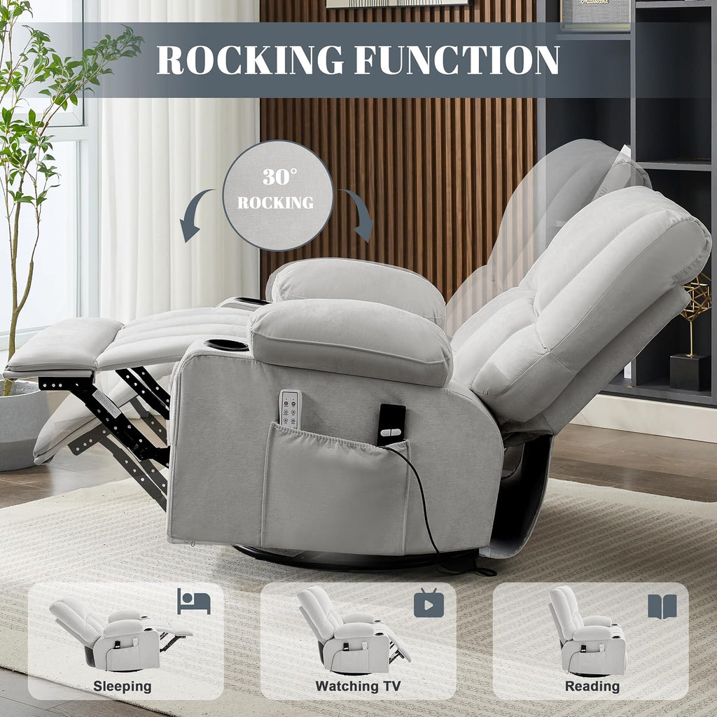 Rocker Recliner Chair with Heat and Massage, 360° Swivel Recliner Chairs for Adults, Oversized Recliner Single Sofa Seat with Cup Holders, Lazy Boy Recliner Single Sofa (Electric, Grey)