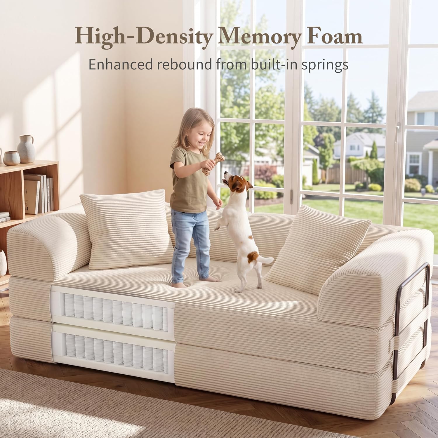 Cloud Boneless Convertible Floor Sofa Bed, 70' 5-in-1 Foldable Compressed Loveseat Lounge Sleeper 2 Seater Couches, High-Density Sponge & Corduroy Fabric Futon Daybed for Living Room Bedroom(Beige)