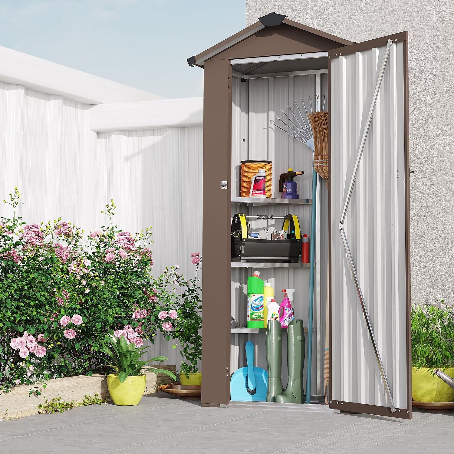 2.5x1.4 FT Outdoor Storage Shed, Small Metal Tool Shed with Waterproof Roof and Lockable Door, Garden Tool Sheds Storage Cabinet for Backyard Patio Lawn, Brown