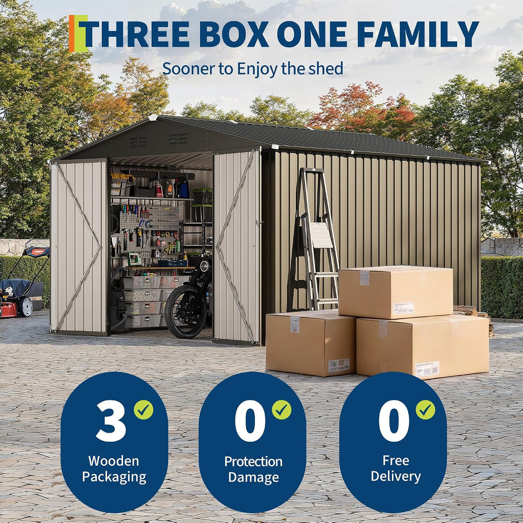 GarveeLife 10 x 10 FT Outdoor Storage Shed,Metal Garden Sheds&Outdoor Storage Clearance, Large Tool Shed Outdoor with Single Lockable Door,Ideal Storage House for Backyard Garden Patio Lawn
