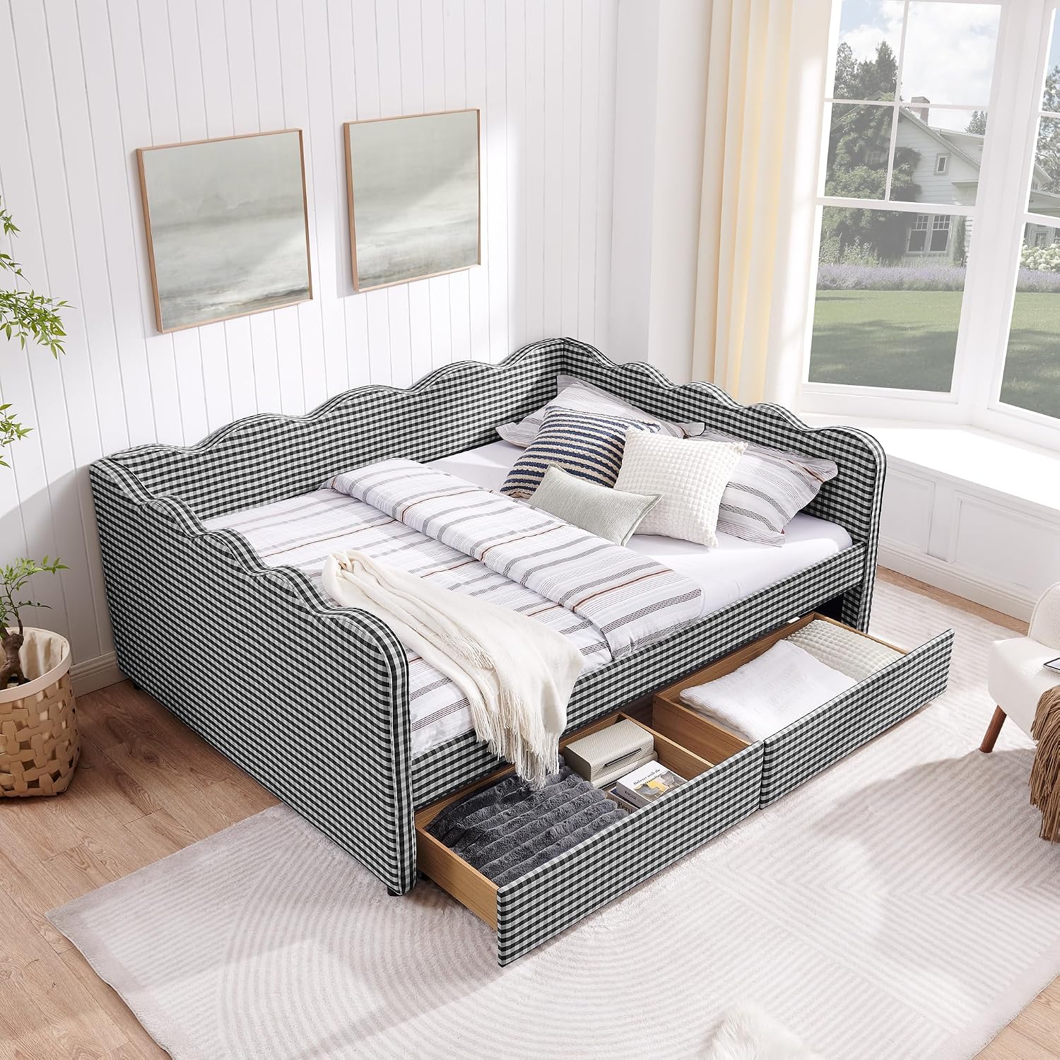 KEIKI Queen Size Upholstery Gingham Daybed with 2 Storage Drawers and USB, Modern Style Adorable Wave Shaped Linen Sofa Bed, Easy Assembly, No Box Spring Required, for Living Room and Bedroom, Black