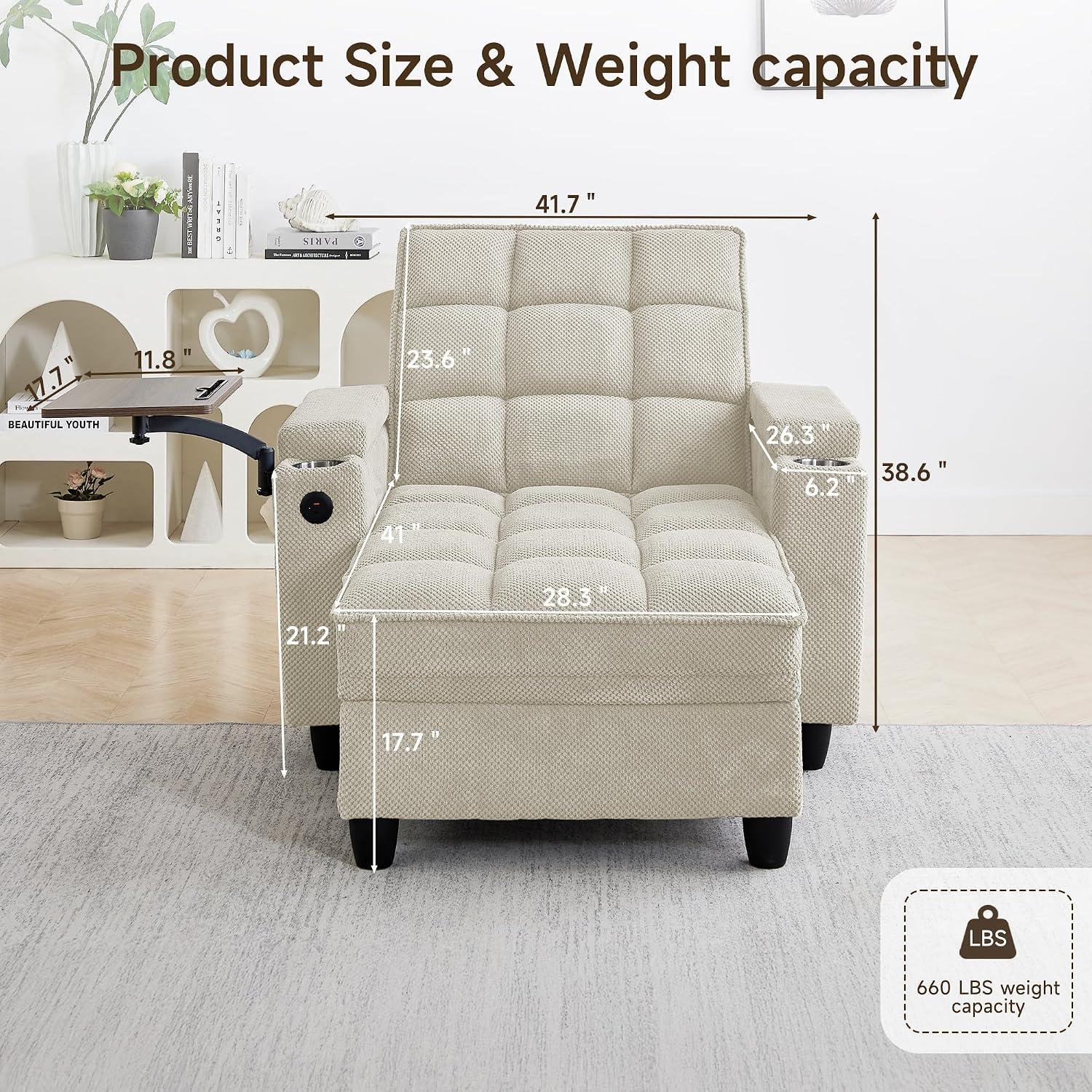 oaaktu Single Modern Comfy Upholstered Chaise Lounge Sofa Chair with Rotating Side Table,Storage,Pillow,USB Charging Ports and Adjustable Backrest Perfect for Living Room, Small Spaces (Beige)