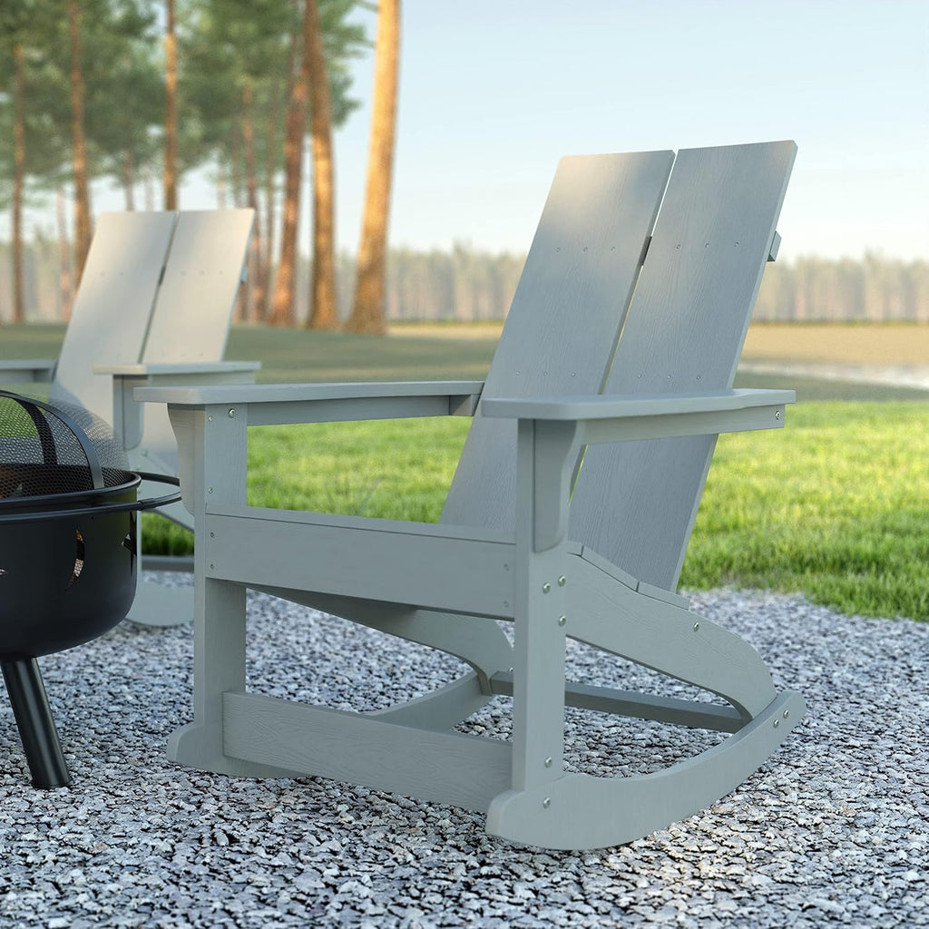 EMMA + OLIVER Harmon Adirondack Rocking Chair - Gray Poly Resin - Suitable for Indoor/Outdoor Use - All Weather Materials - Easy Assembly - 350 lb. Weight Capacity