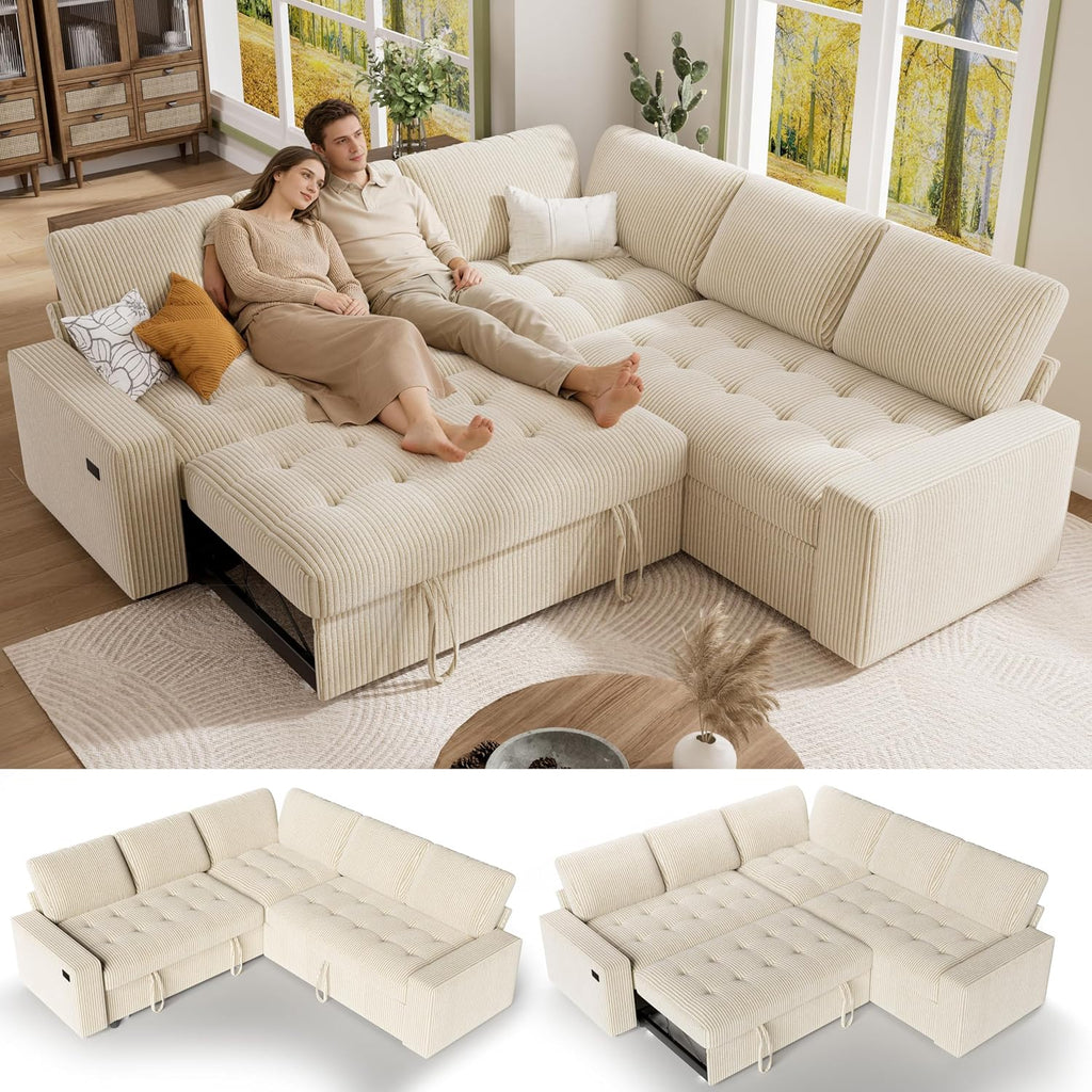 Vipbear Pull Out Sofa Bed Sectional Sleeper Sofa with Reclining Backrest & Storage, Plush Pullout Modular Sectional Couches with USB Charging, L Shaped Convertible Couch Bed for Apartment, Beige | Breathable material, Tool-Free Assembly