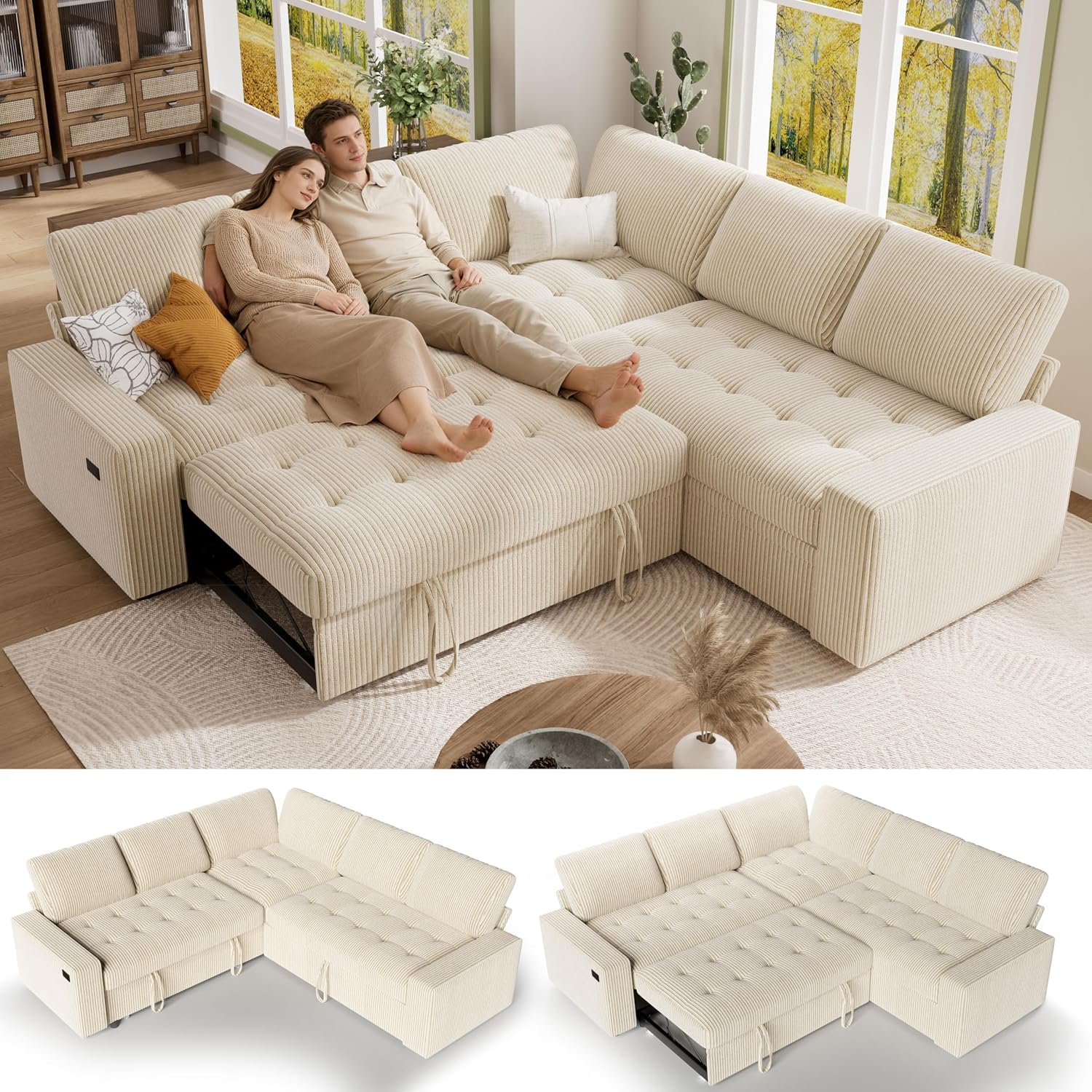 Vipbear Pull Out Sofa Bed Sectional Sleeper Sofa with Reclining Backrest & Storage, Plush Pullout Modular Sectional Couches with USB Charging, L Shaped Convertible Couch Bed for Apartment, Beige | Breathable material, Tool-Free Assembly