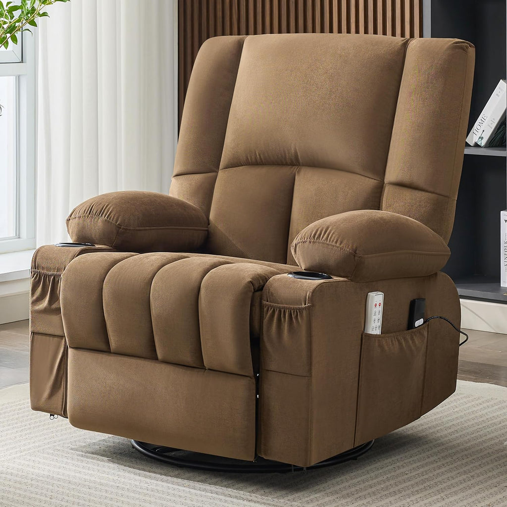 Rocker Recliner Chair with Heat and Massage, 360° Swivel Recliner Chairs for Adults, Oversized Recliner Single Sofa Seat with Cup Holders, Lazy Boy Recliner Single Sofa (Electric, Brown)