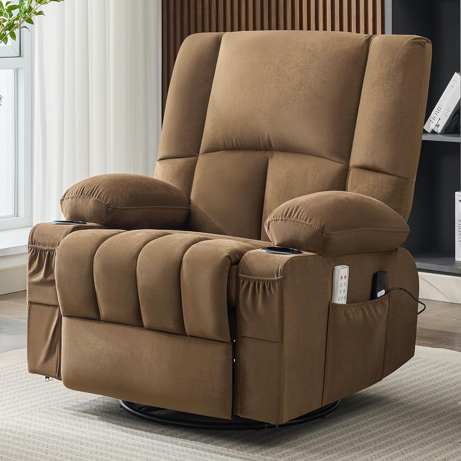 Rocker Recliner Chair with Heat and Massage, 360° Swivel Recliner Chairs for Adults, Oversized Recliner Single Sofa Seat with Cup Holders, Lazy Boy Recliner Single Sofa (Electric, Brown)
