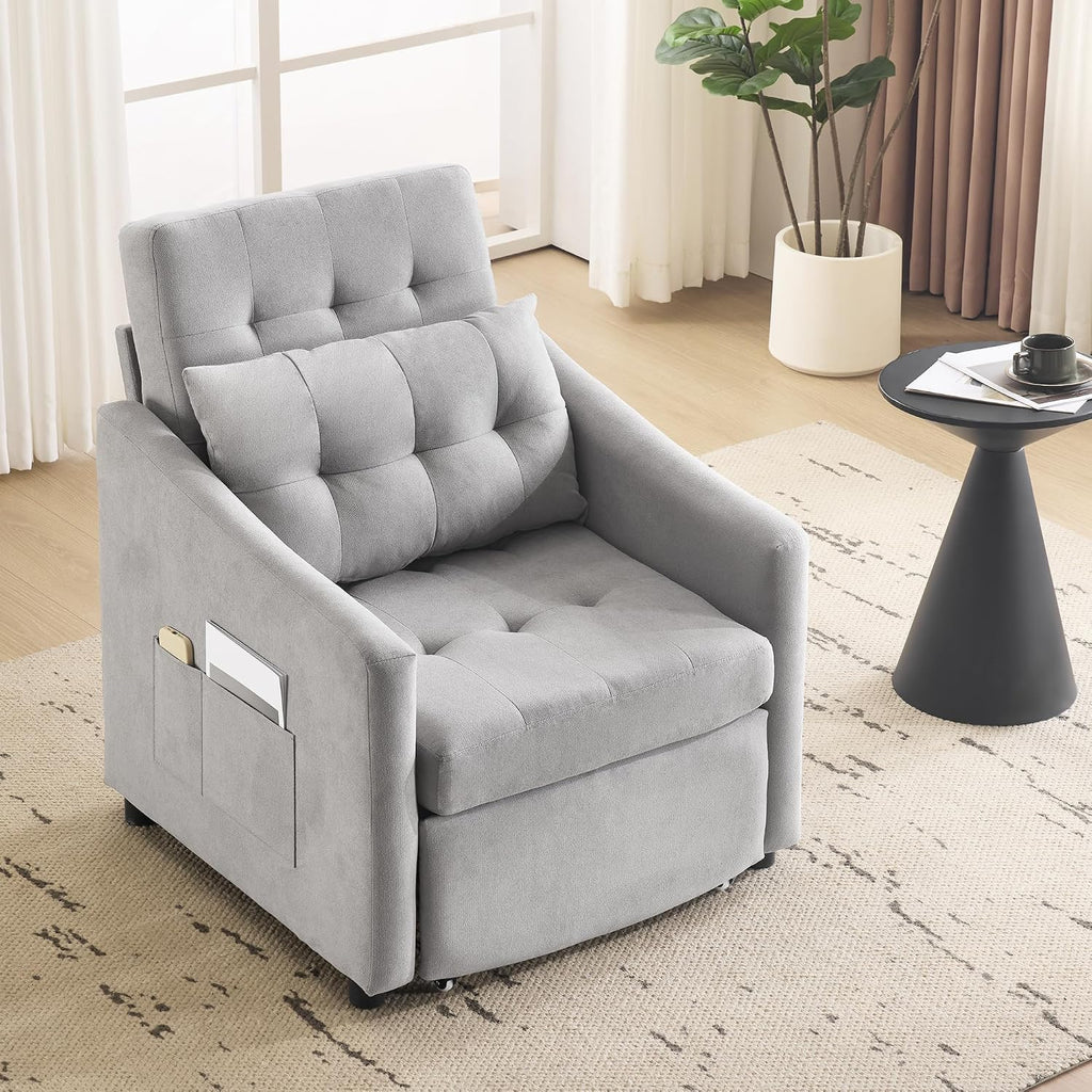 Bezseller Sleeper Sofa Chair Bed, 3-in-1 Convertible Sleeper Chair with Storage Drawer, Pull Out Couch with Side Pocket, Pillow, and Adjustable Backrest, for Living Room Bedroom Apartment, Light Grey