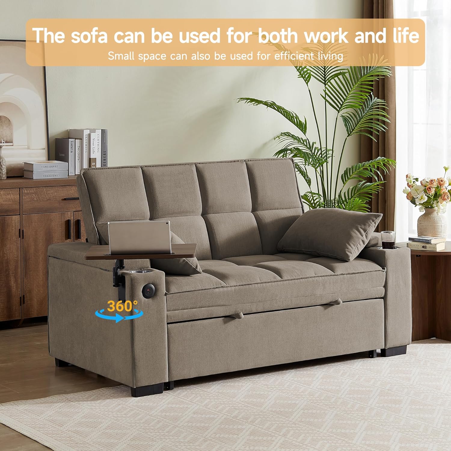 Auvsoce 65' Sleeper Sofa Bed Loveseat, Convertible Couch for Living Room, RV Sofa with Adjustable Backrest, Chaise Lounge, Side Table, USB & Type-C Ports
