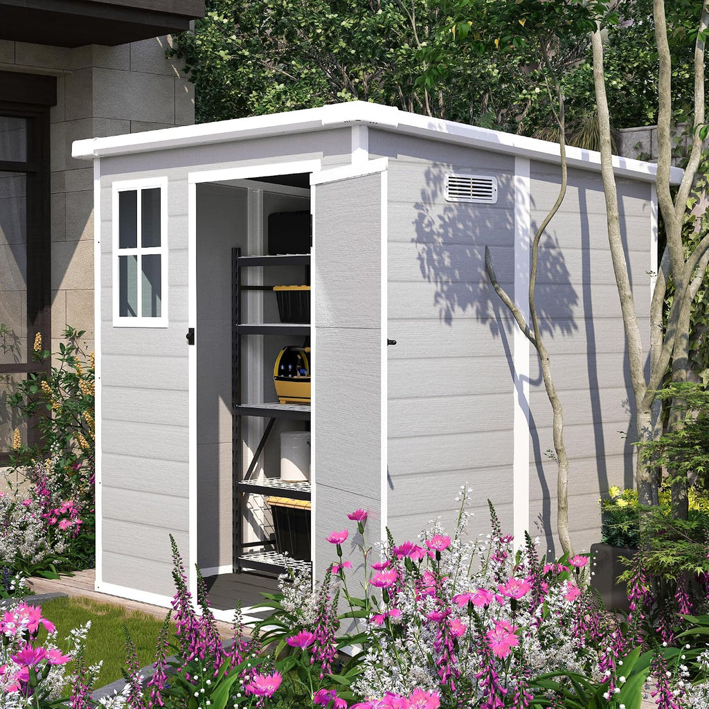 YOPTO 6x6 FT Resin Outdoor Storage Shed with Floor, All-Weather Plastic Shed with Lockable Doors, Window & Vents, Utility Plastic Tool Shed Storage House for Backyard, Patio, Light Grey