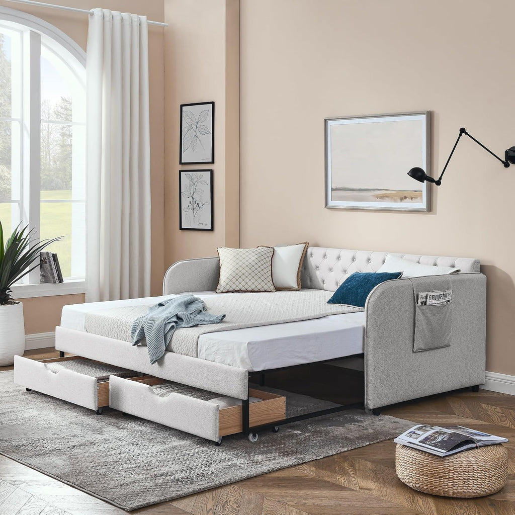 KEIKI Twin Size Upholstery Daybed with Trundle and 2 Drawers, Twin to King Design Mid-Century Style Extendable Sofa Bed, Easy Assembly, No Box Spring Required, for Living Room, Beige