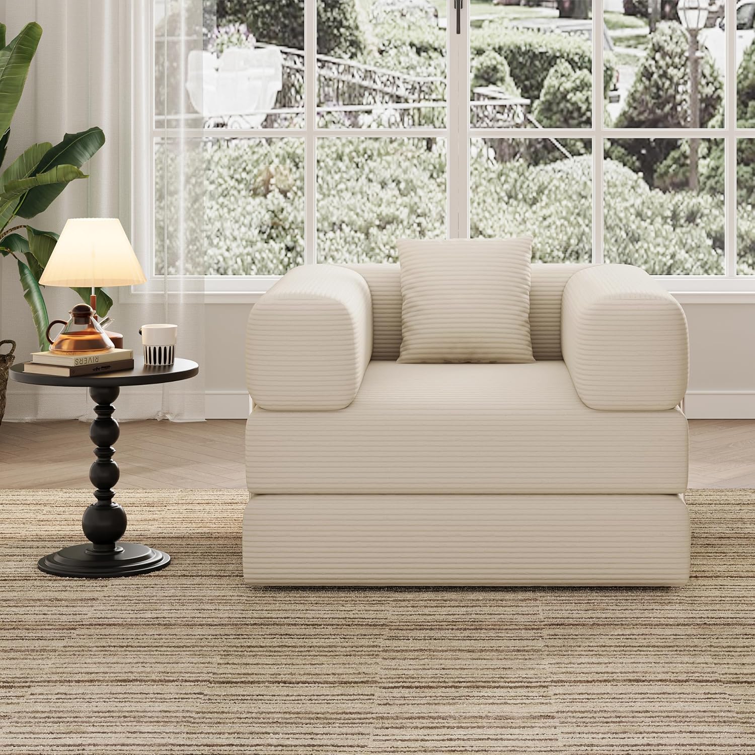 BSHOMGI Folding Sofa Bed, 2 in 1 Convertible Sofas to Lounger Comfy Single Bean Bag Chair Floor Portable Foldable Sleeper Lazy Futon Couch Chair for Bedroom, Living Room (Beige, 35.43' Single Sofa)