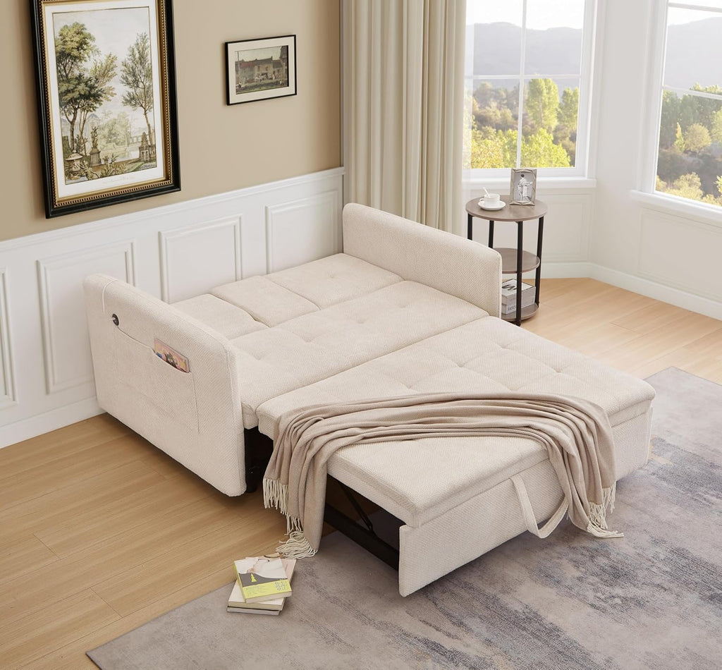57.48' Convertible Sofa Bed with Cup Holder, Pull Out Sleeper Sofa Bed with USB Charging Ports, 3 in 1 Convertible Sleeper Sofa Bed for Living Room, Apartment, Bedroom, RV, Beige