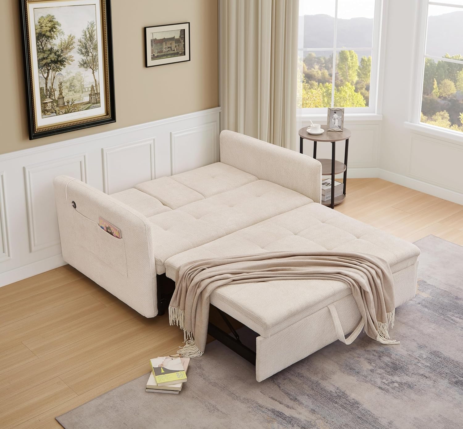 57.48' Convertible Sofa Bed with Cup Holder, Pull Out Sleeper Sofa Bed with USB Charging Ports, 3 in 1 Convertible Sleeper Sofa Bed for Living Room, Apartment, Bedroom, RV, Beige