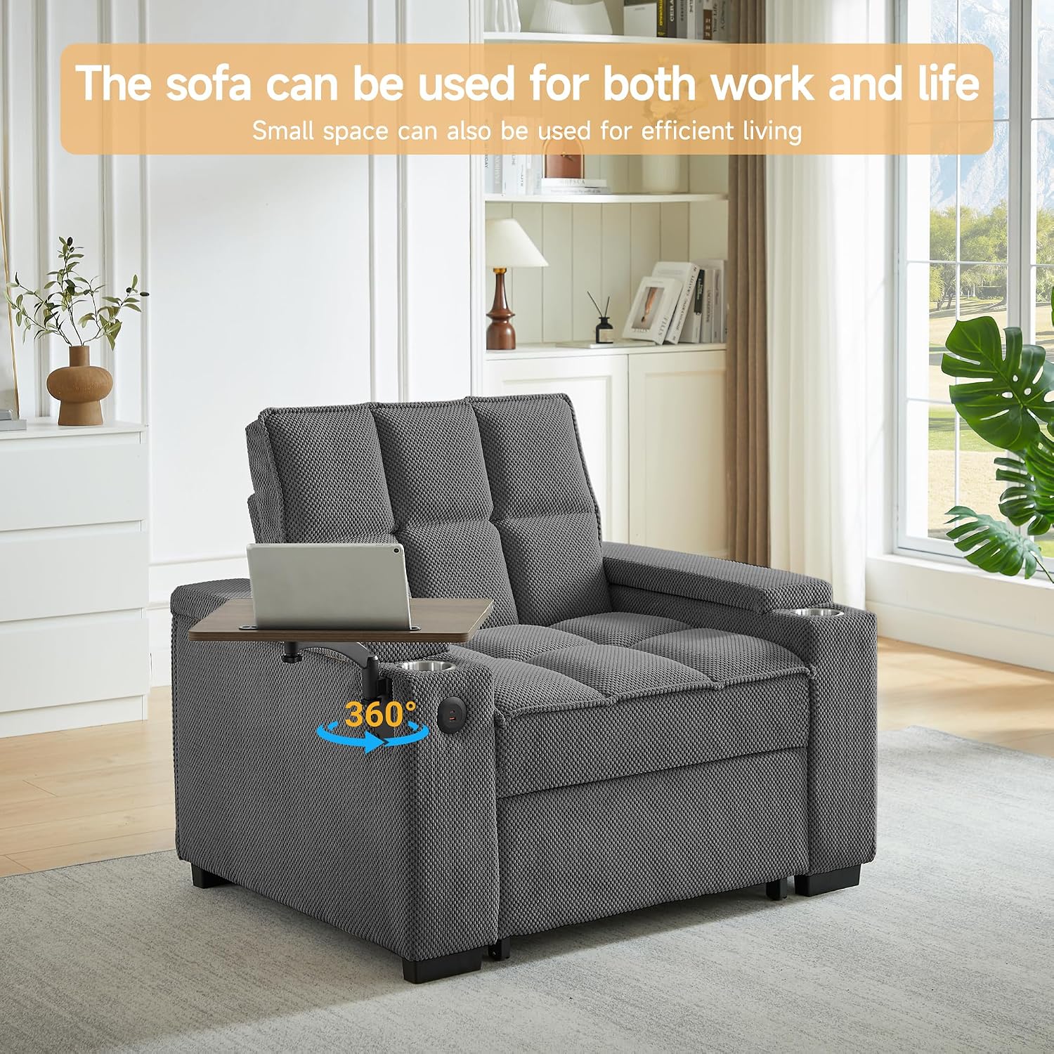 Large Size Convertible Sleeper Chair Futon Sofa Bed, Comfortable thick cushion Single Sleeper Sofa Handheld storage and Adjustable Backrest | Reading Chair with Rotating small table (dark gray)